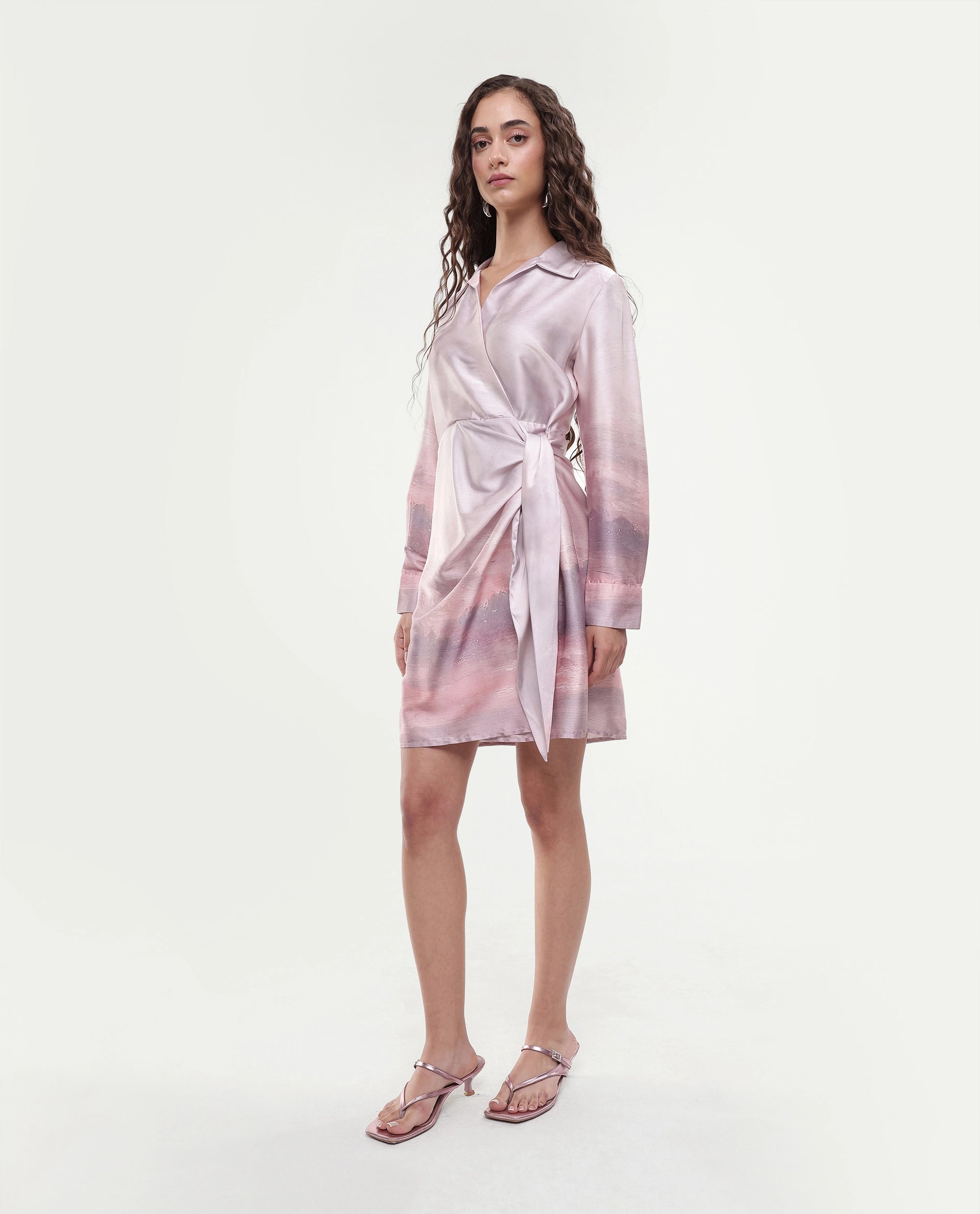 Rareism Women's Qert Dusky Multi Satin Johnny Collar Abstract Print Cuffed Sleeve Mini Straight Fit Dress