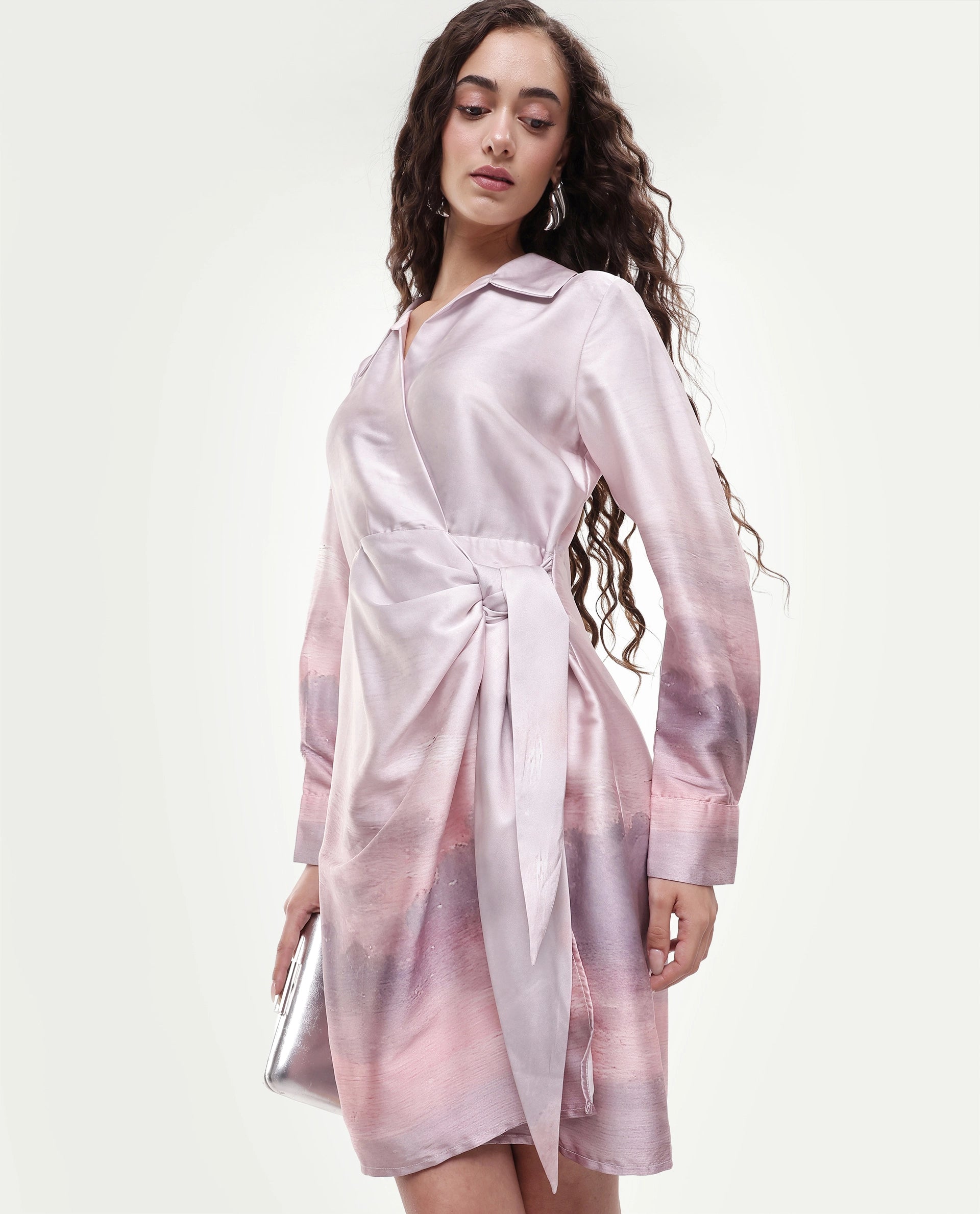 Rareism Women's Qert Dusky Multi Satin Johnny Collar Abstract Print Cuffed Sleeve Mini Straight Fit Dress