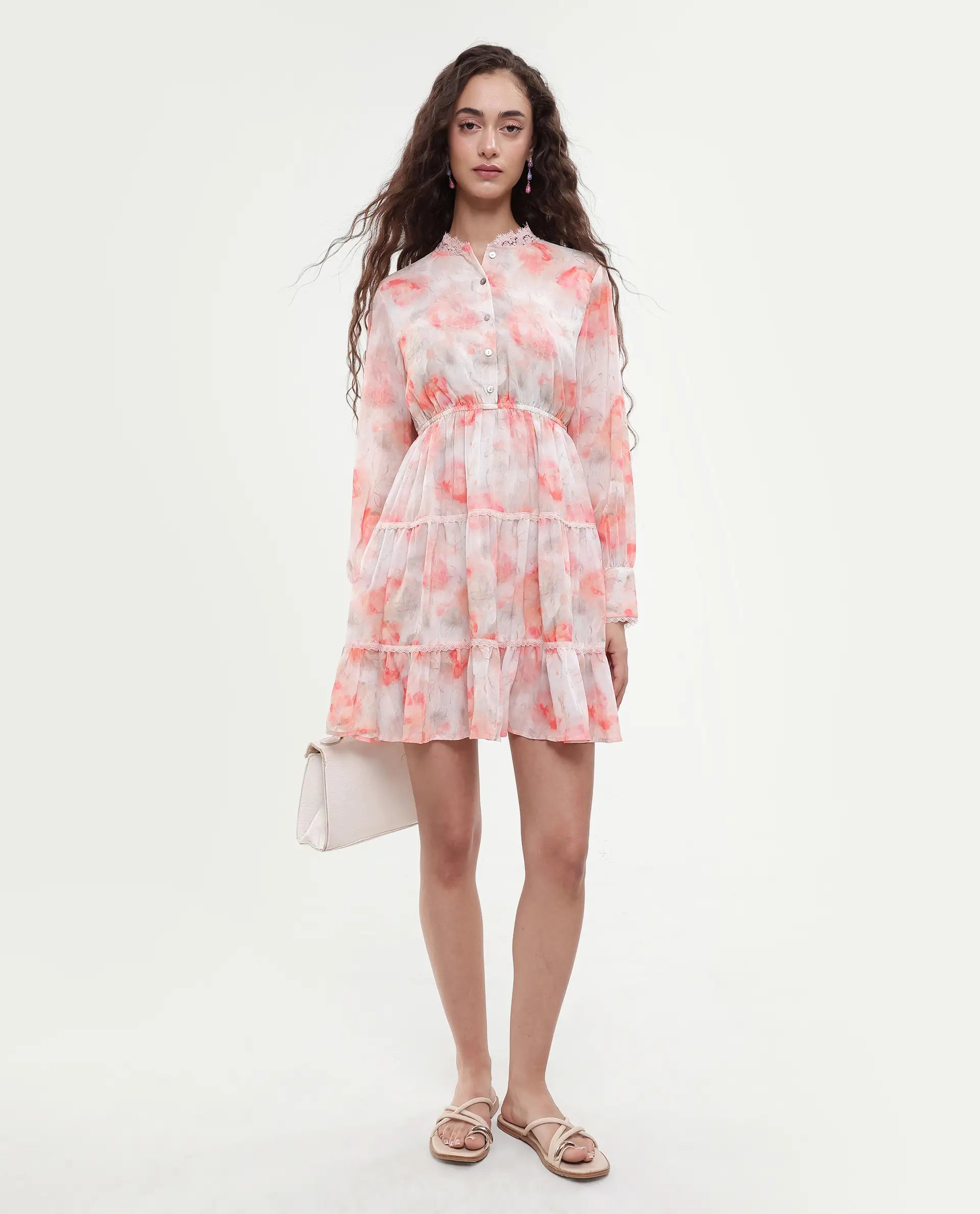 Rareism Women's Viver Off White Polyester Stand Collar Abstract Print Puff Sleeves Mini Fit And Flare Dress