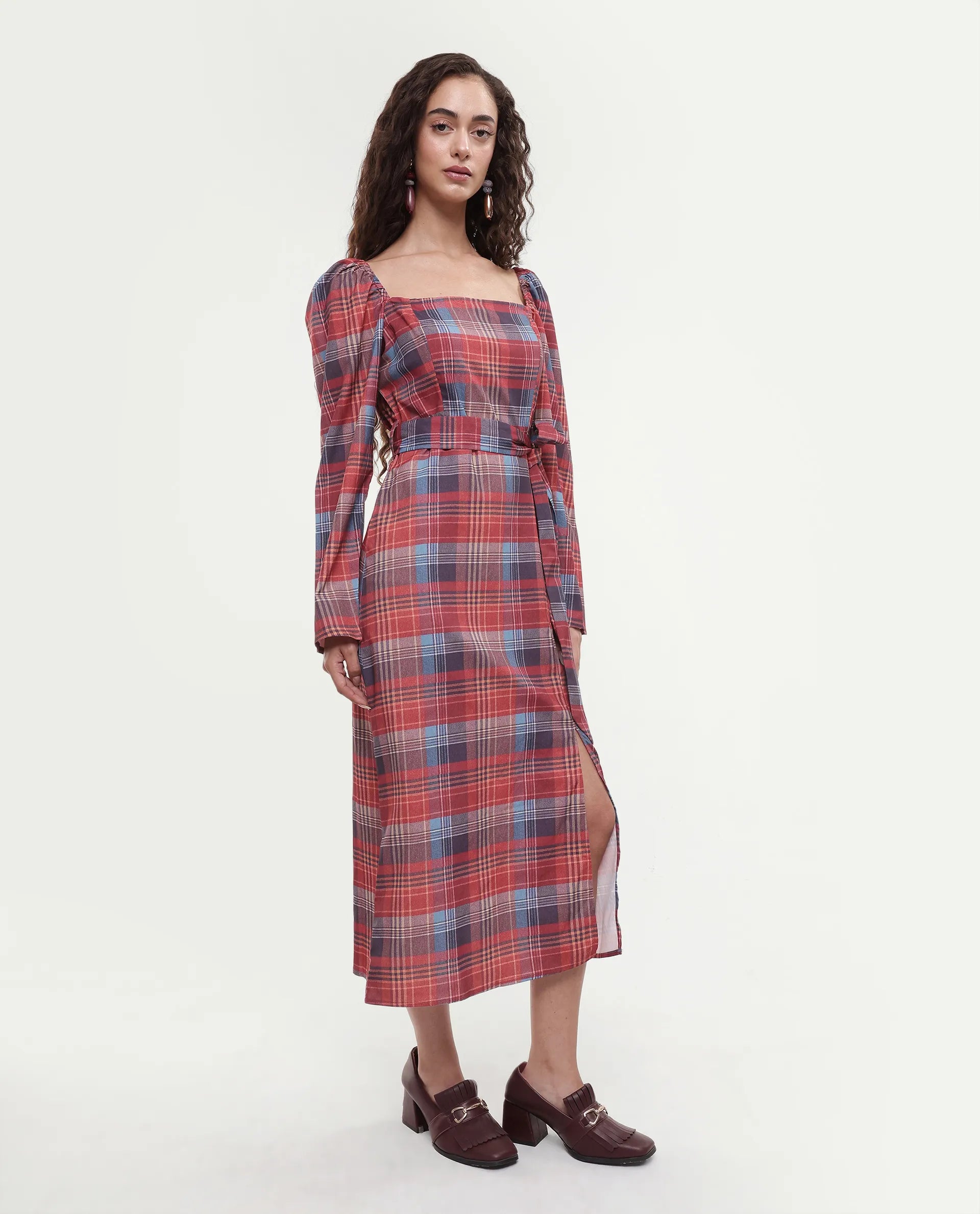Rareism Women's Olappo Multi Polyester Blend Square Neck Checked Leg O Mutton Sleeve Midi Bodycon Dress