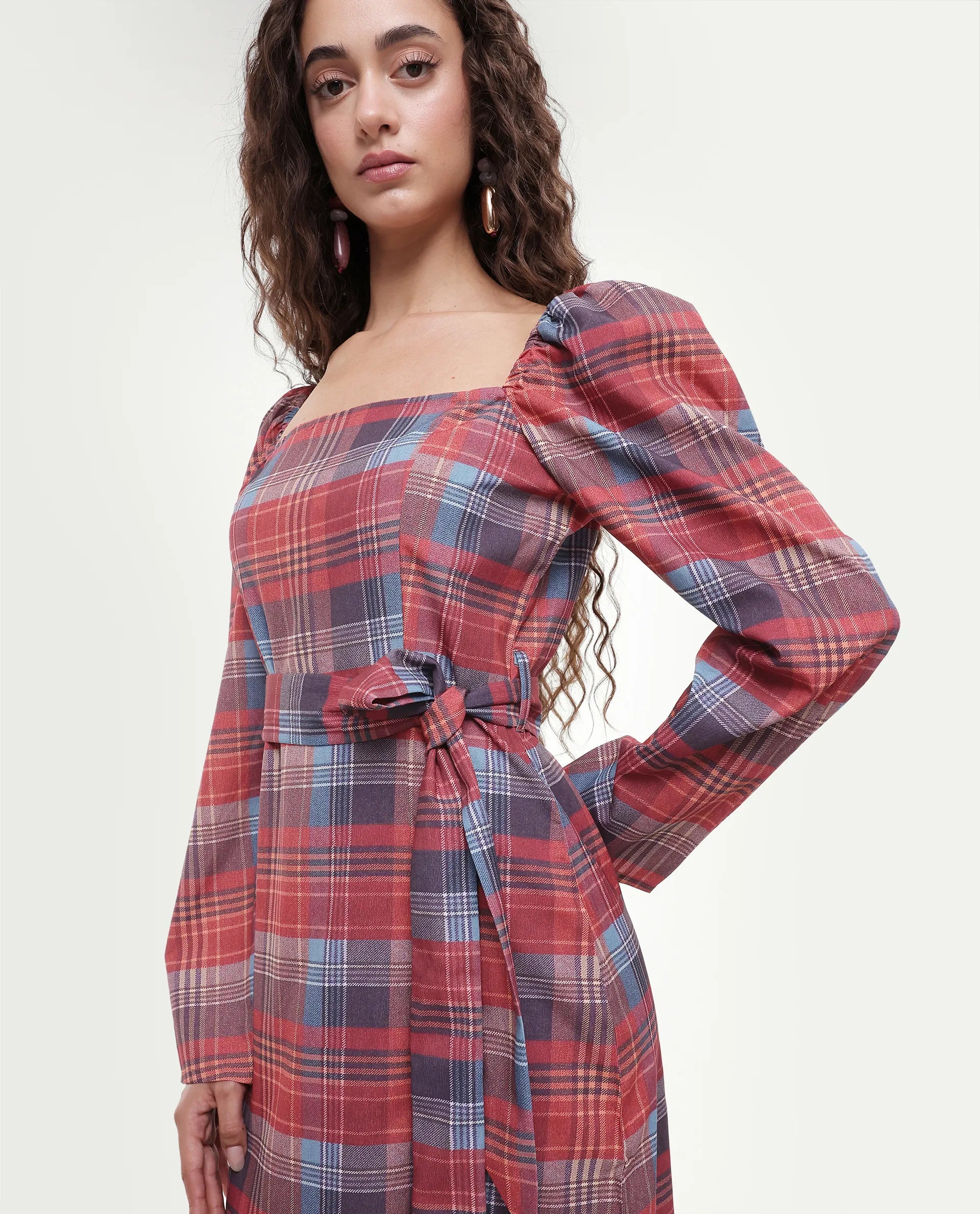 Rareism Women's Olappo Multi Polyester Blend Square Neck Checked Leg O Mutton Sleeve Midi Bodycon Dress