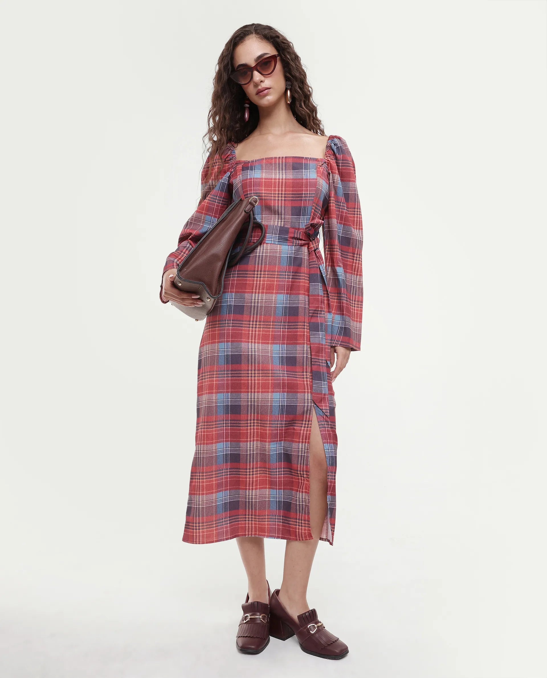 Rareism Women's Olappo Multi Polyester Blend Square Neck Checked Leg O Mutton Sleeve Midi Bodycon Dress