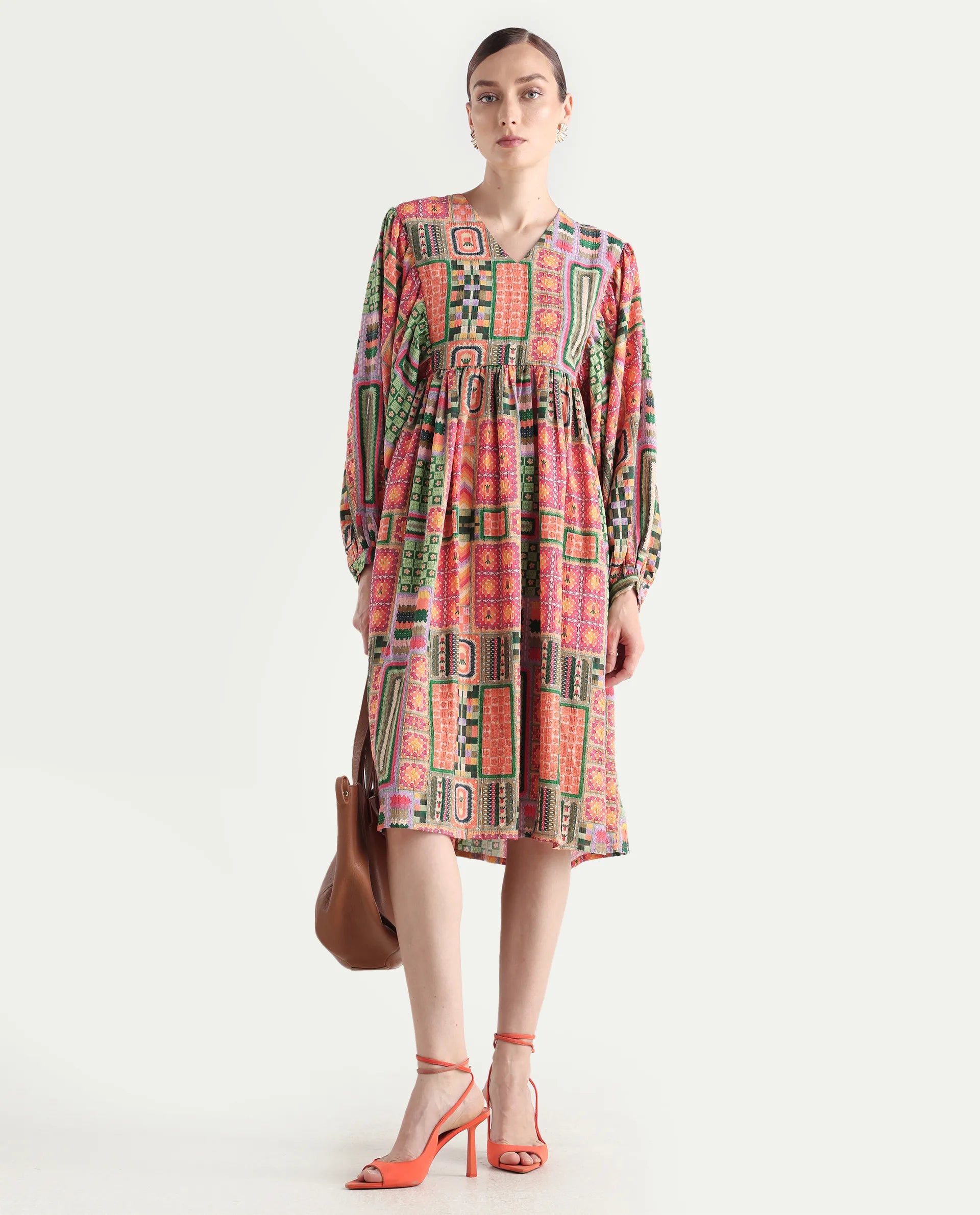 Rareism Women's Sweg Multi Polyester Blend V-Neck Abstract Print Bishop Sleeve Midi Flared Dress