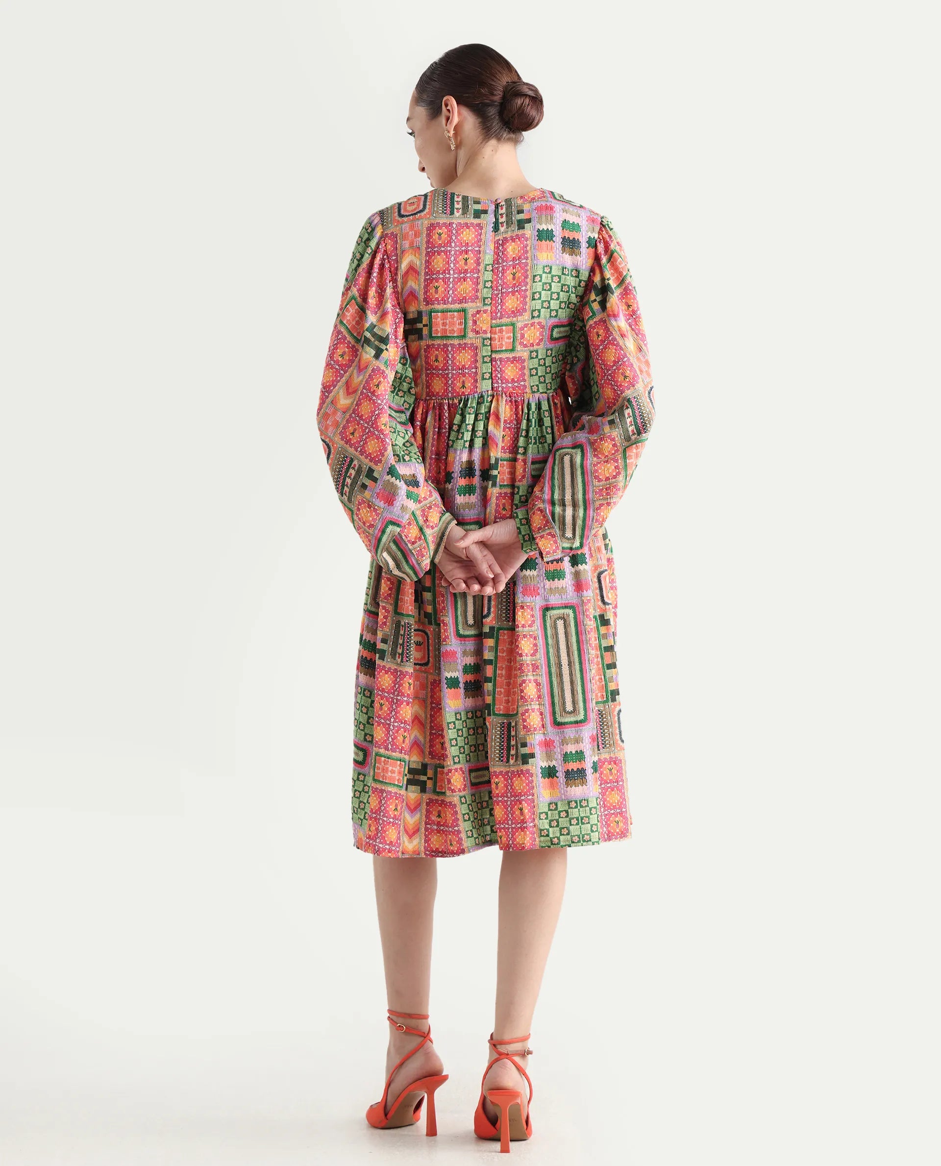 Rareism Women's Sweg Multi Polyester Blend V-Neck Abstract Print Bishop Sleeve Midi Flared Dress