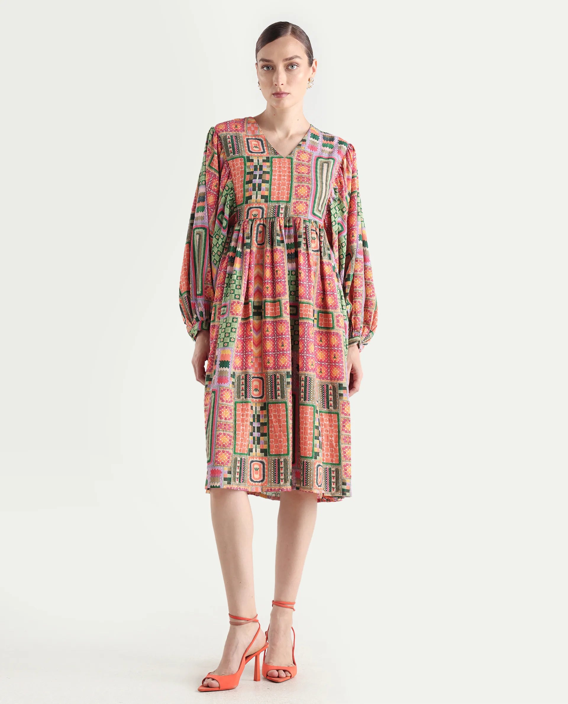 Rareism Women's Sweg Multi Polyester Blend V-Neck Abstract Print Bishop Sleeve Midi Flared Dress