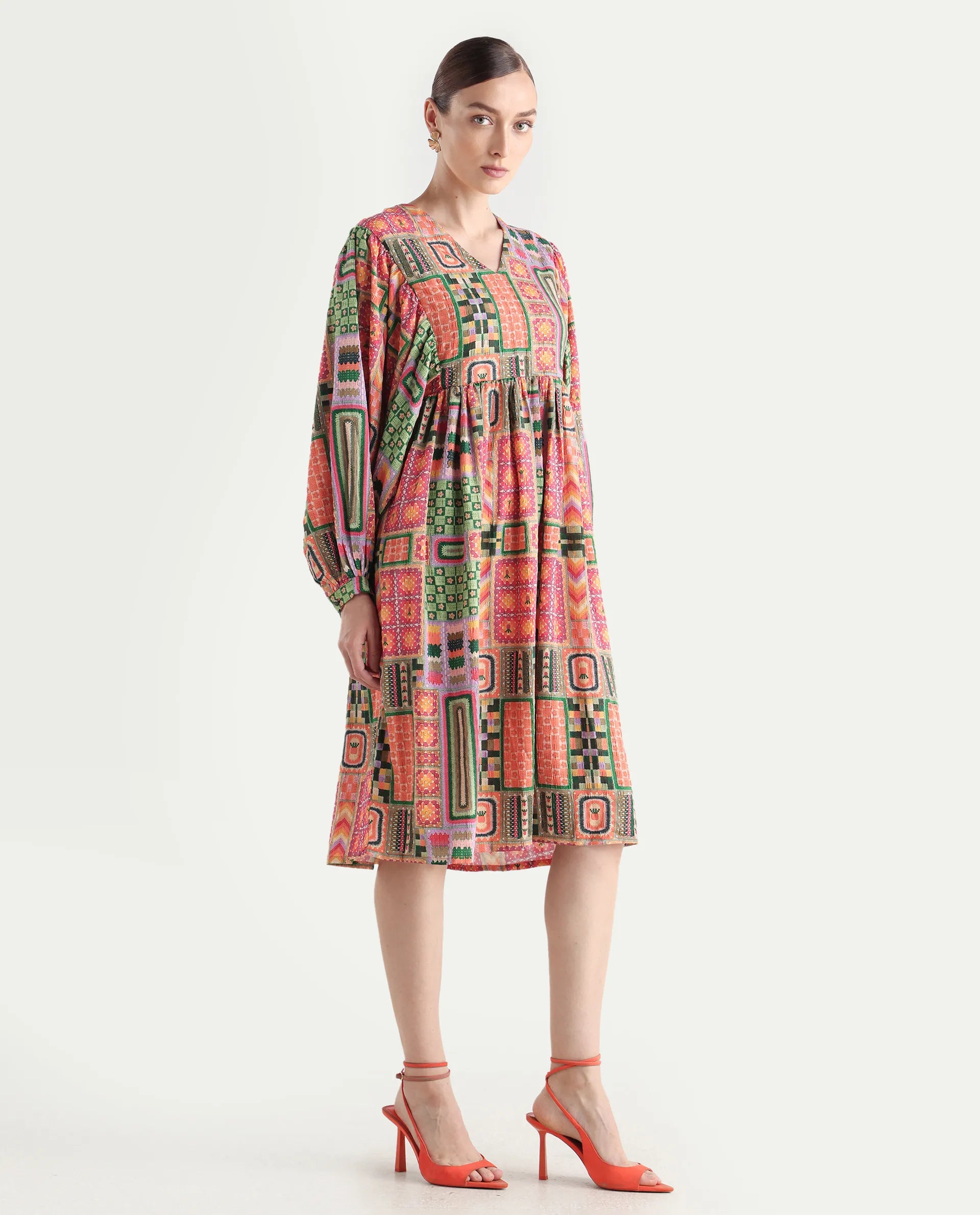 Rareism Women's Sweg Multi Polyester Blend V-Neck Abstract Print Bishop Sleeve Midi Flared Dress