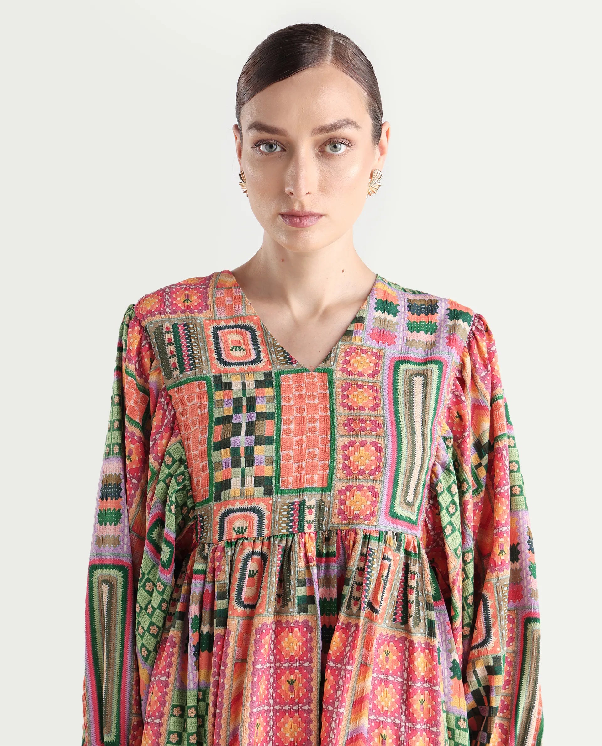 Rareism Women's Sweg Multi Polyester Blend V-Neck Abstract Print Bishop Sleeve Midi Flared Dress