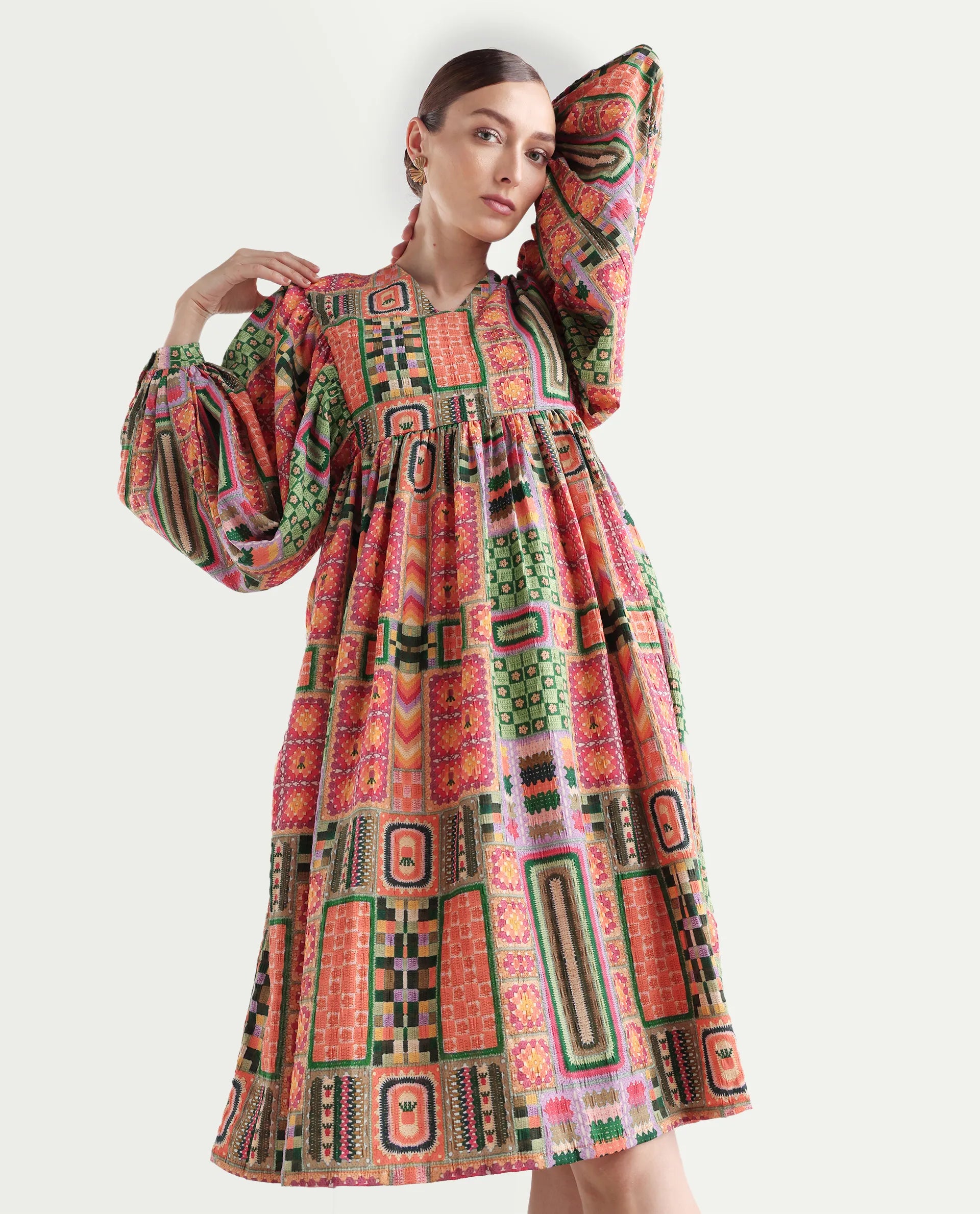 Rareism Women's Sweg Multi Polyester Blend V-Neck Abstract Print Bishop Sleeve Midi Flared Dress