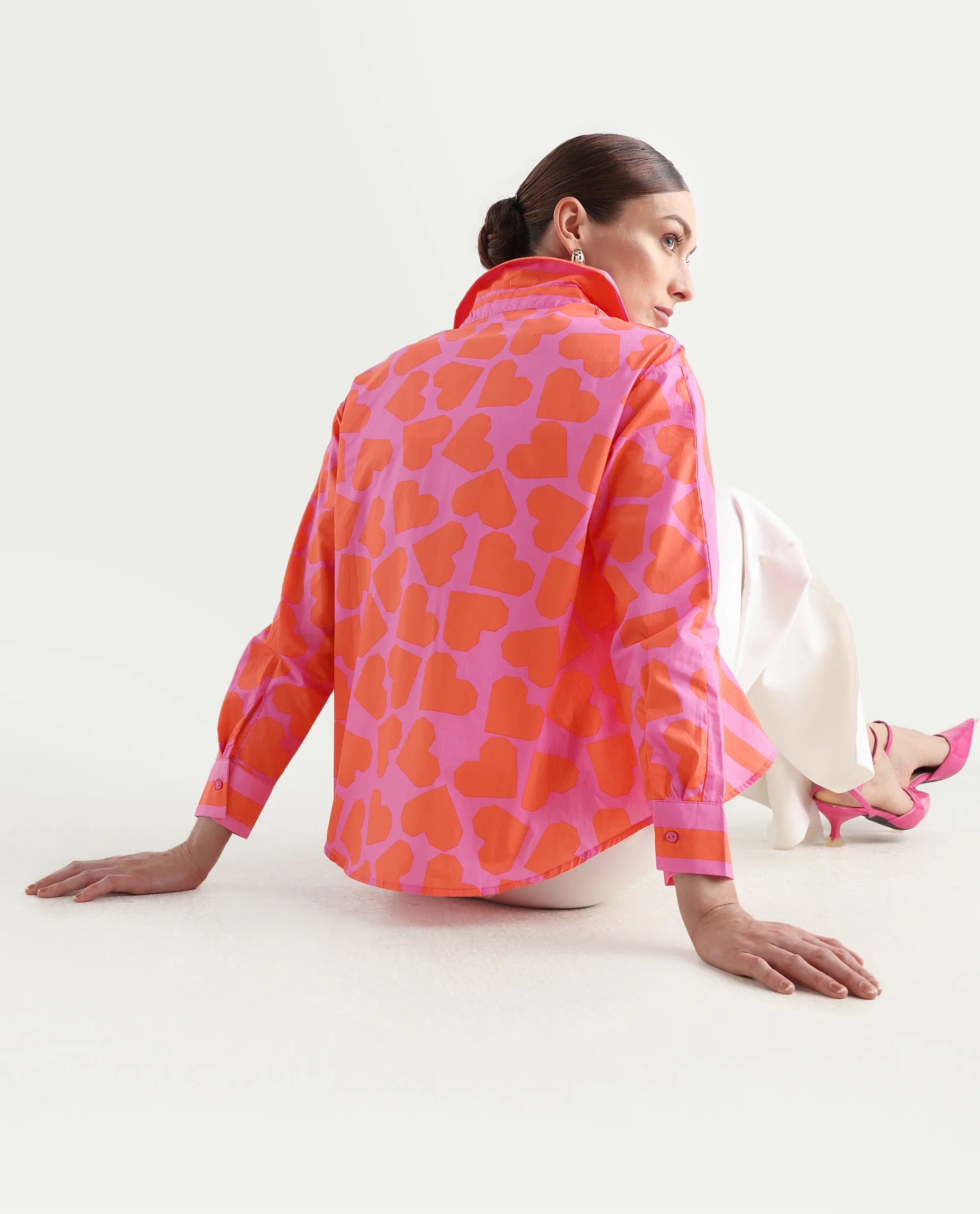 Rareism Women's Xuewr Red Cotton Drop Collar Striped Cuffed Sleeve Boxy Fit Shirt