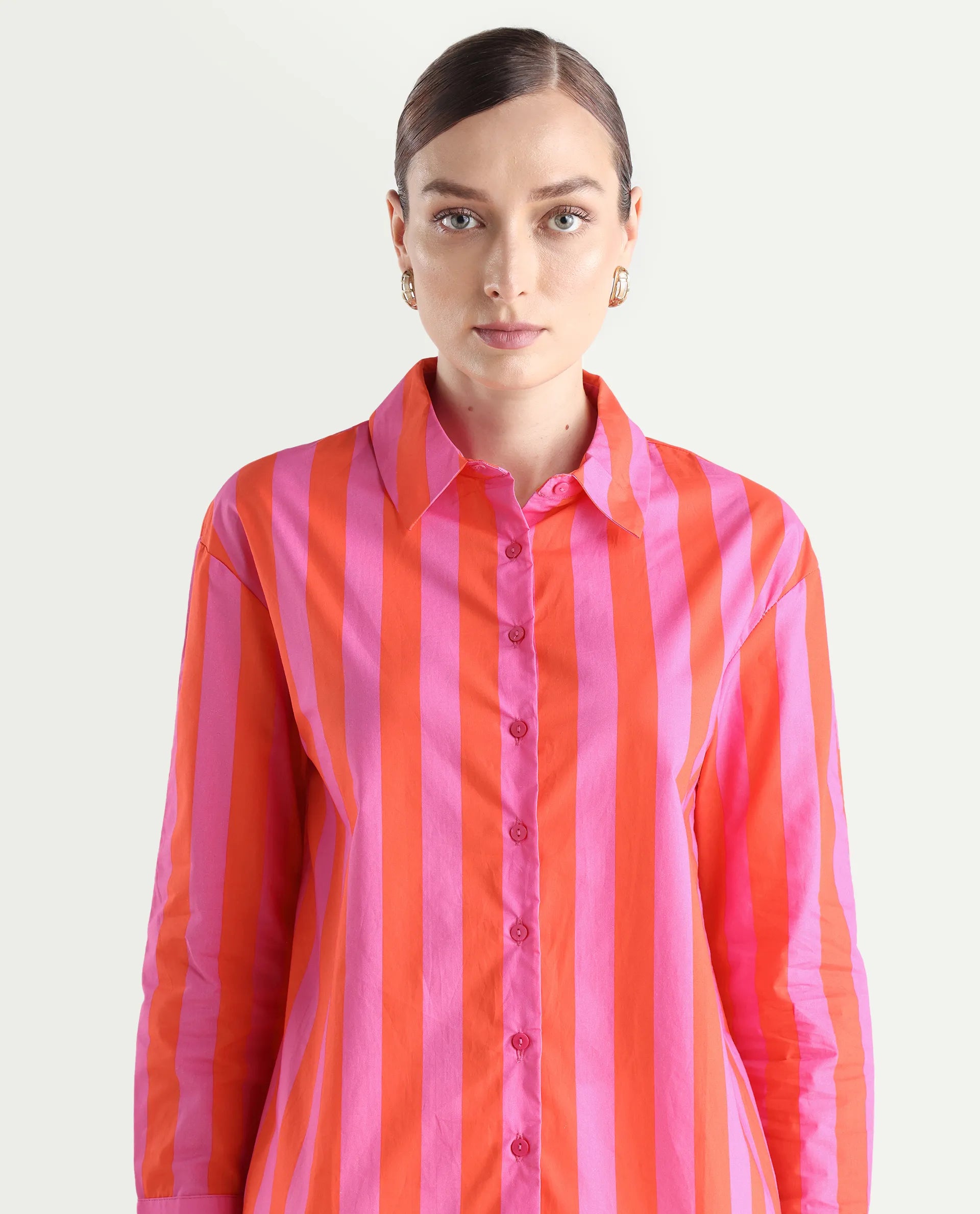 Rareism Women's Xuewr Red Cotton Drop Collar Striped Cuffed Sleeve Boxy Fit Shirt