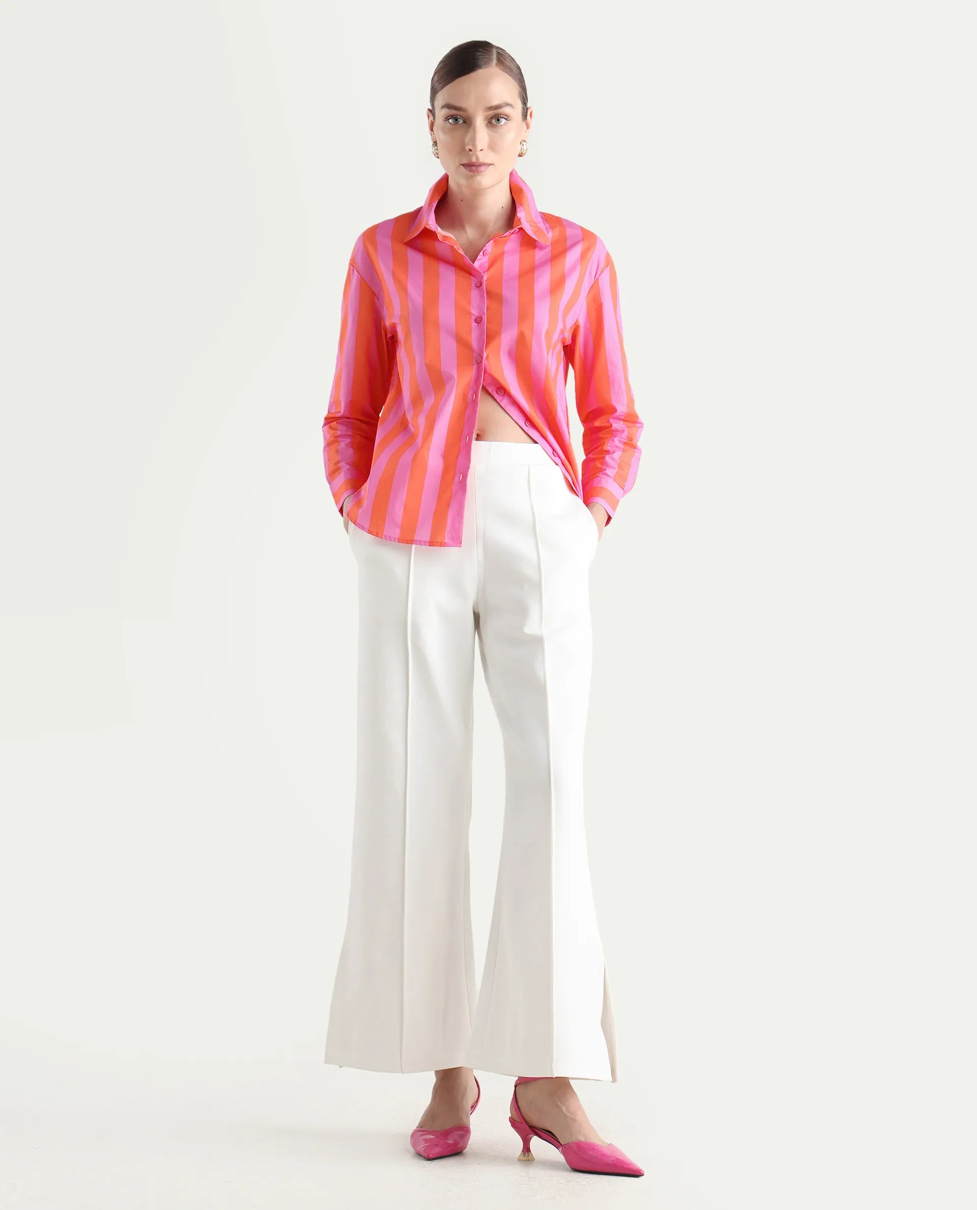 Rareism Women's Xuewr Red Cotton Drop Collar Striped Cuffed Sleeve Boxy Fit Shirt