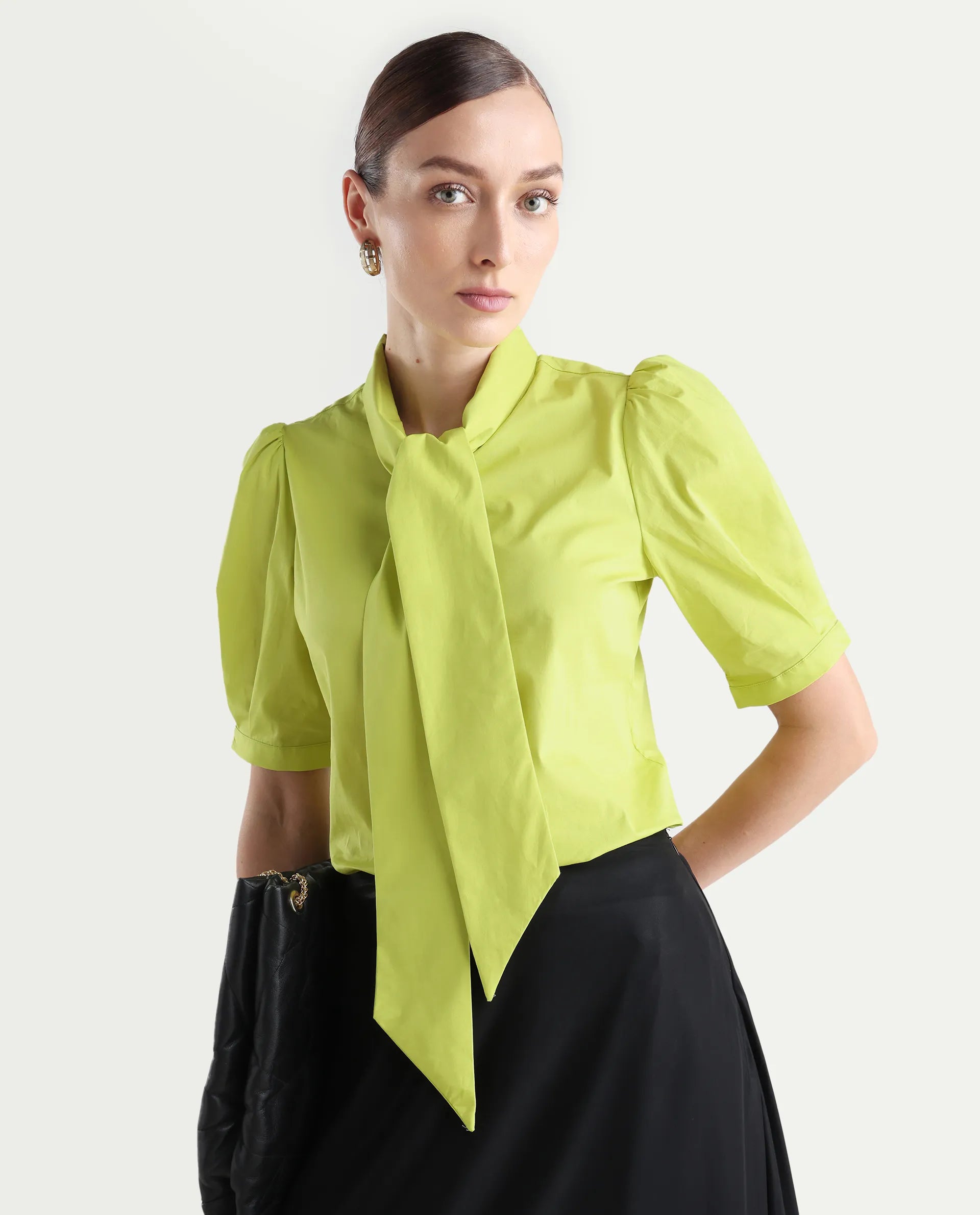 Rareism Women's Kirv Green Cotton Blend Tie-Up Neck Plain Bishop Sleeve Regular Fit Top