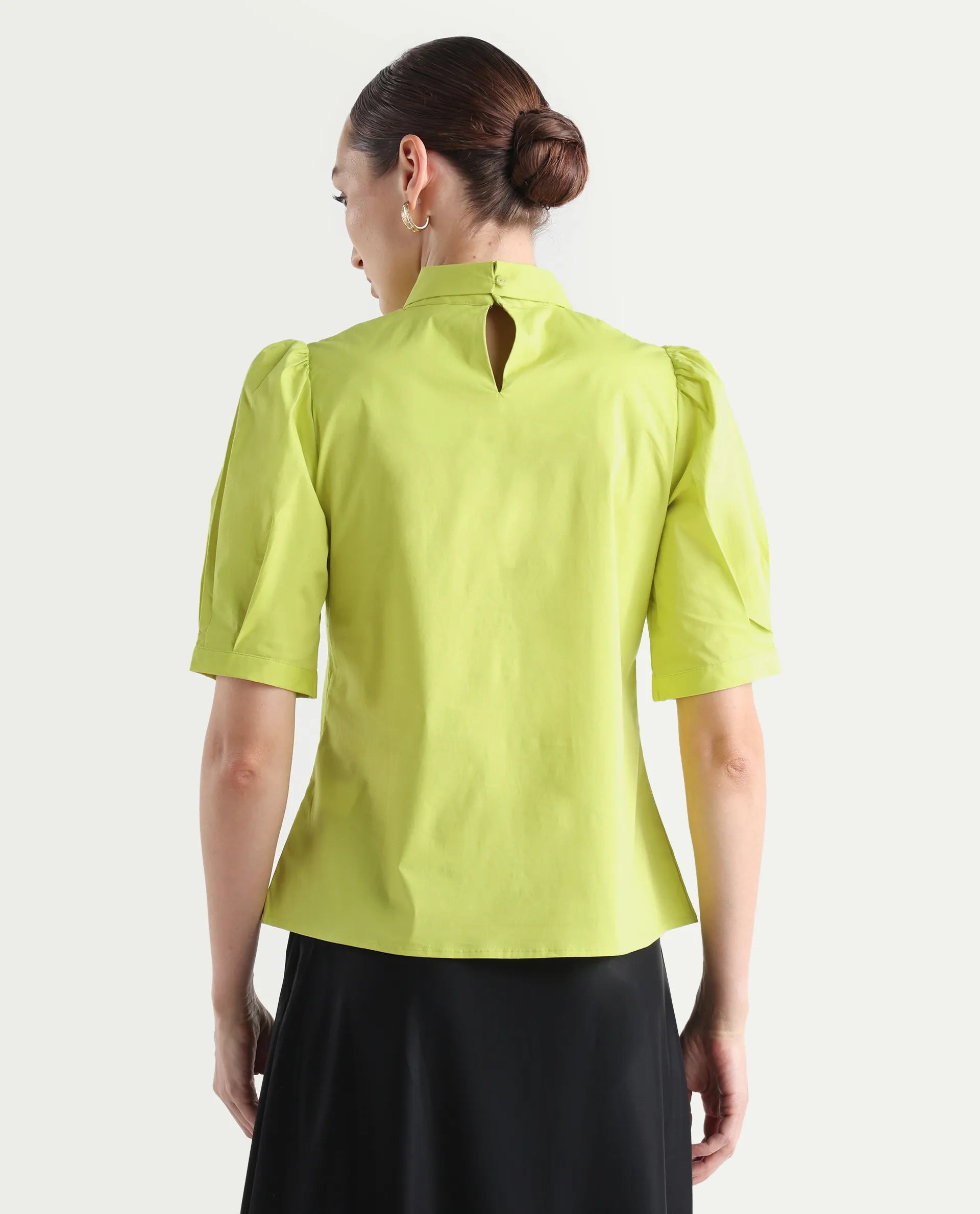 Rareism Women's Kirv Green Cotton Blend Tie-Up Neck Plain Bishop Sleeve Regular Fit Top