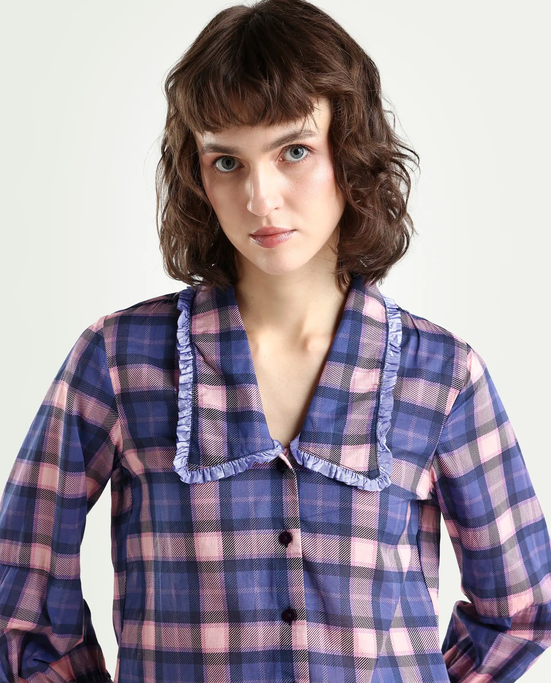 Rareism Women's Shellbuto Purple Cotton Chelea Collar Flannel Print Volume Sleeve Relaxed Fit Top