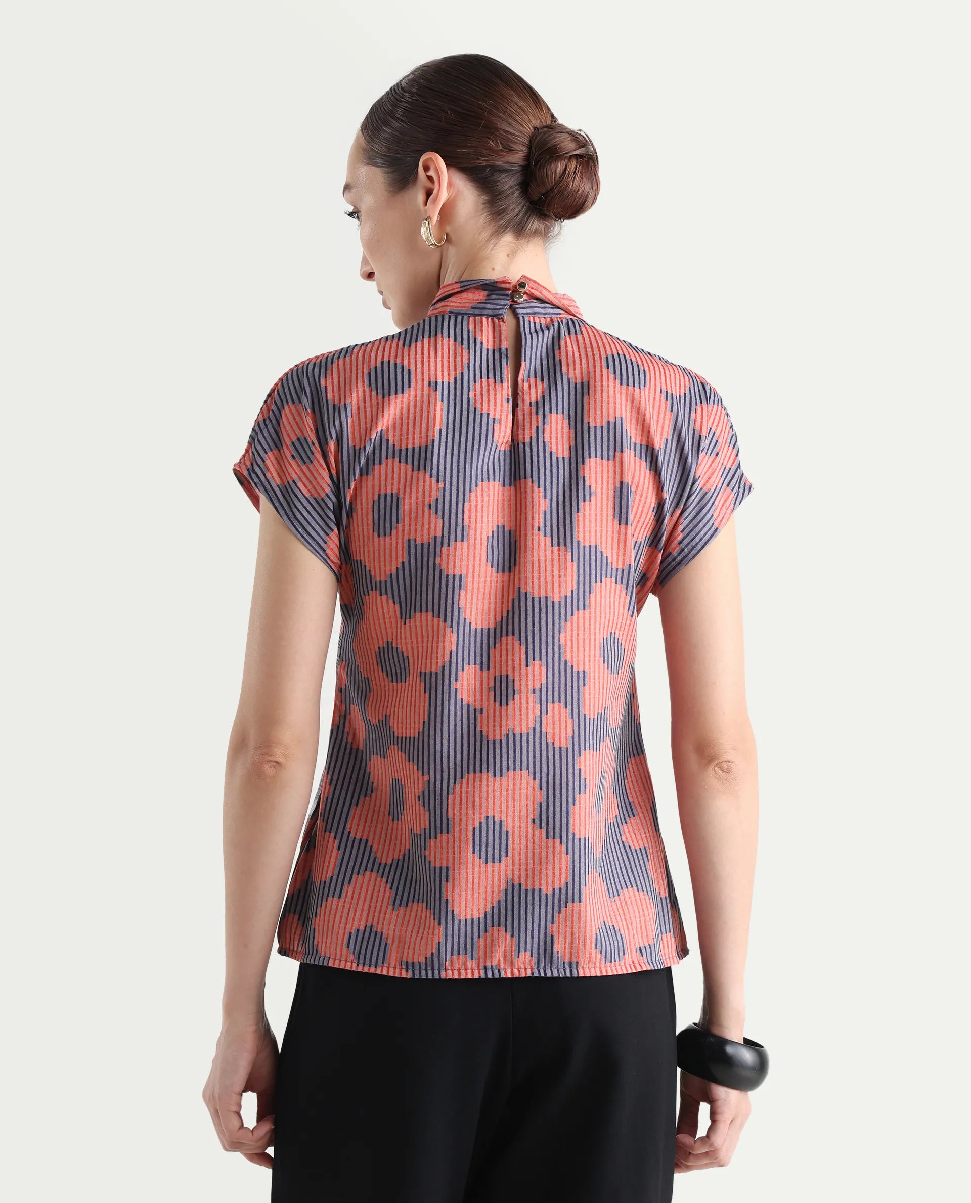 Rareism Women's Ioplom Purple Polyester Blend Tie-Up Neck Flannel Print Extended Sleeves Regular Fit Top