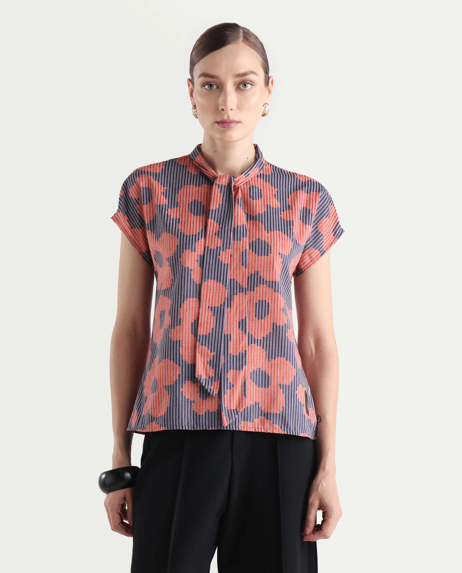 Rareism Women's Ioplom Purple Polyester Blend Tie-Up Neck Flannel Print Extended Sleeves Regular Fit Top