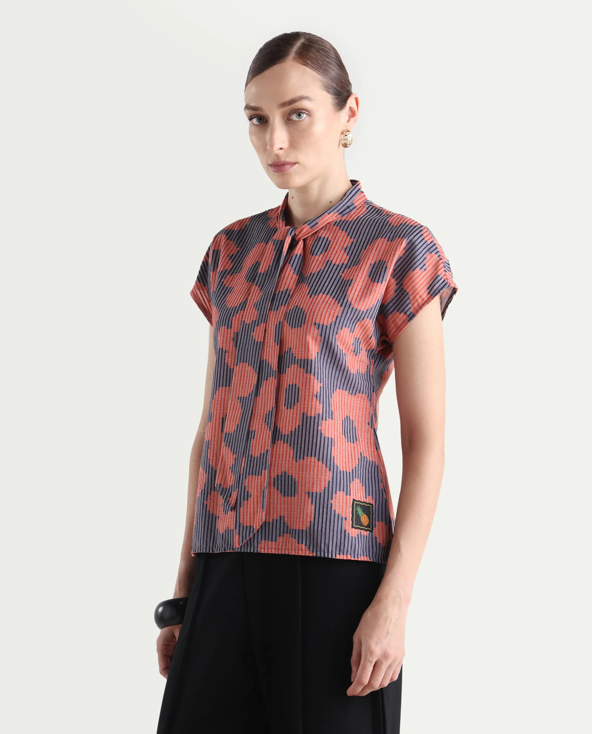 Rareism Women's Ioplom Purple Polyester Blend Tie-Up Neck Flannel Print Extended Sleeves Regular Fit Top