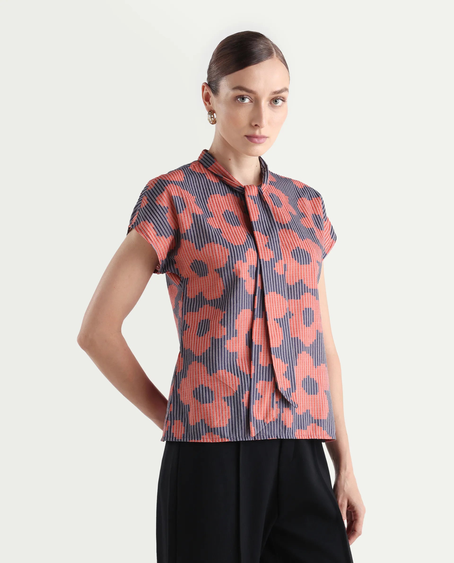 Rareism Women's Ioplom Purple Polyester Blend Tie-Up Neck Flannel Print Extended Sleeves Regular Fit Top