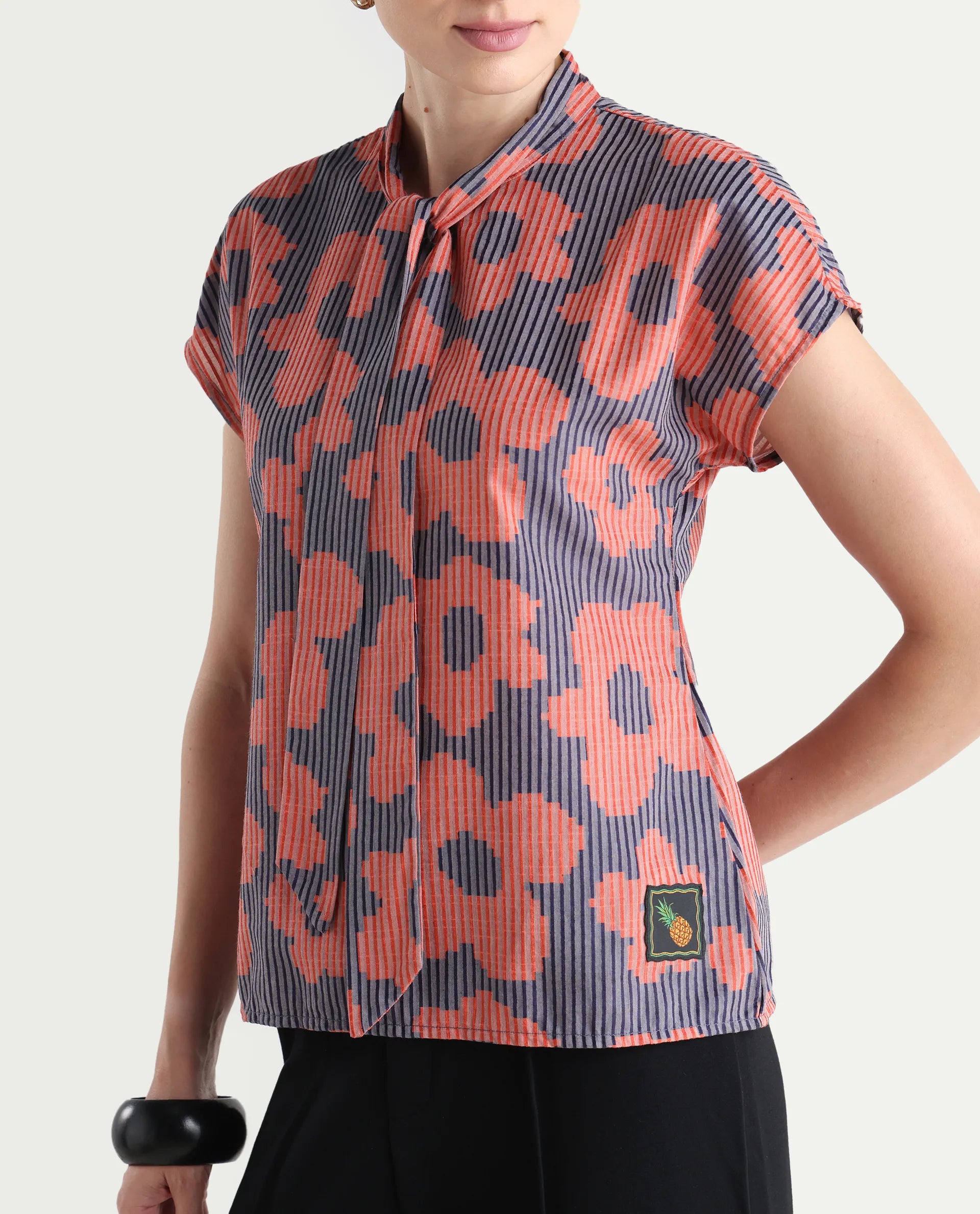 Rareism Women's Ioplom Purple Polyester Blend Tie-Up Neck Flannel Print Extended Sleeves Regular Fit Top