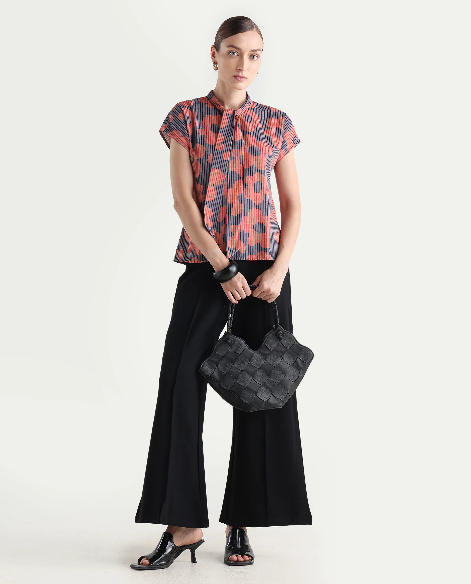 Rareism Women's Ioplom Purple Polyester Blend Tie-Up Neck Flannel Print Extended Sleeves Regular Fit Top