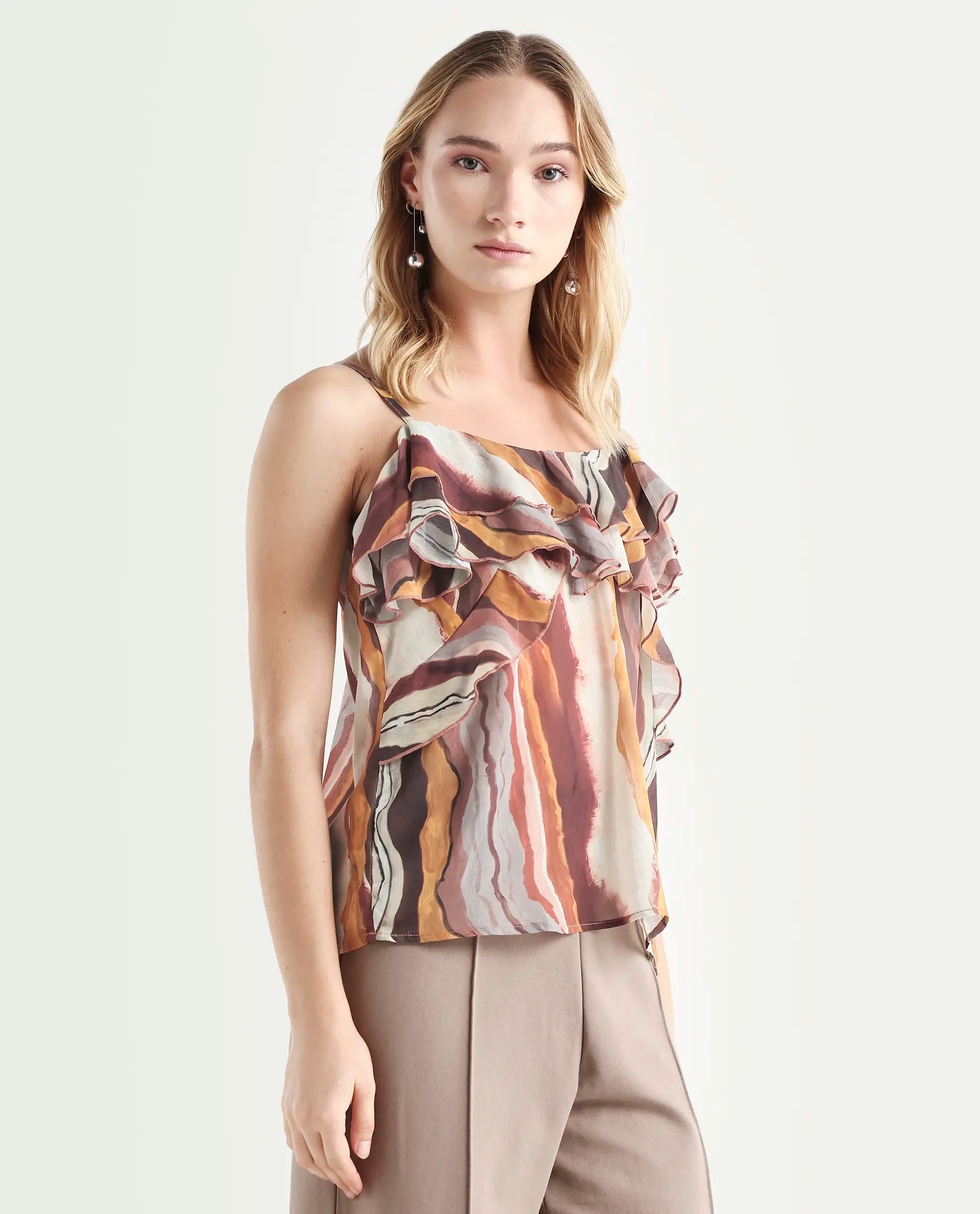 Rareism Women's Molp Multi Polyester V-Neck Abstract Print Sleeveless Regular Fit Top