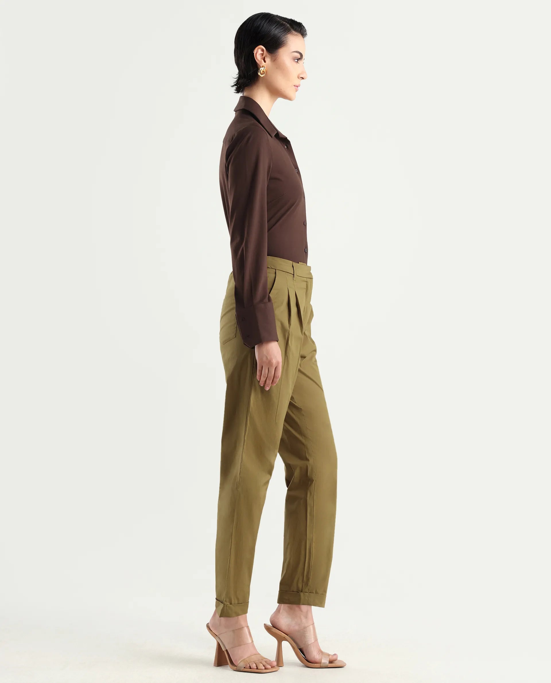 Rareism Women's Ruvz Olive Cotton Blend Plain Ankle Length Straight Fit Trouser