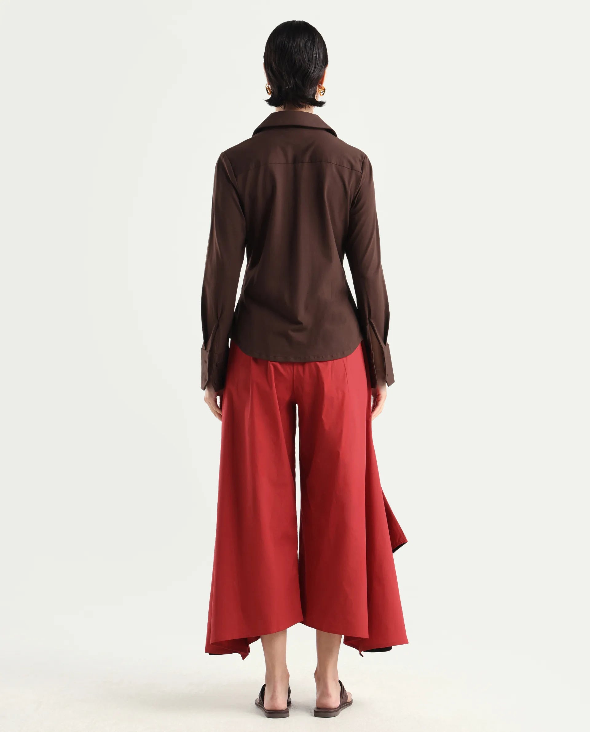 Rareism Women's Filom Red Cotton Blend Plain Ankle Length Flared Trouser