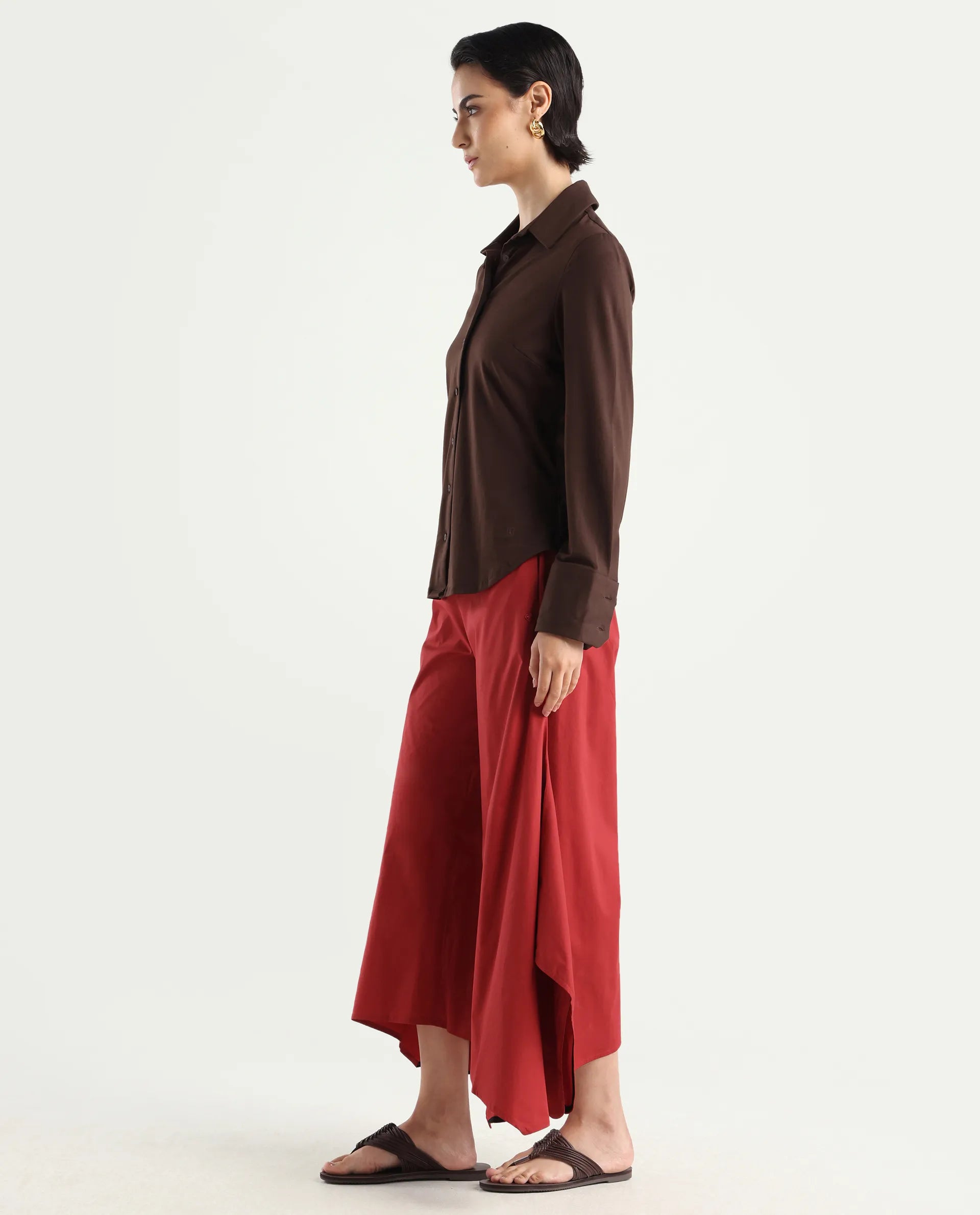Rareism Women's Filom Red Cotton Blend Plain Ankle Length Flared Trouser