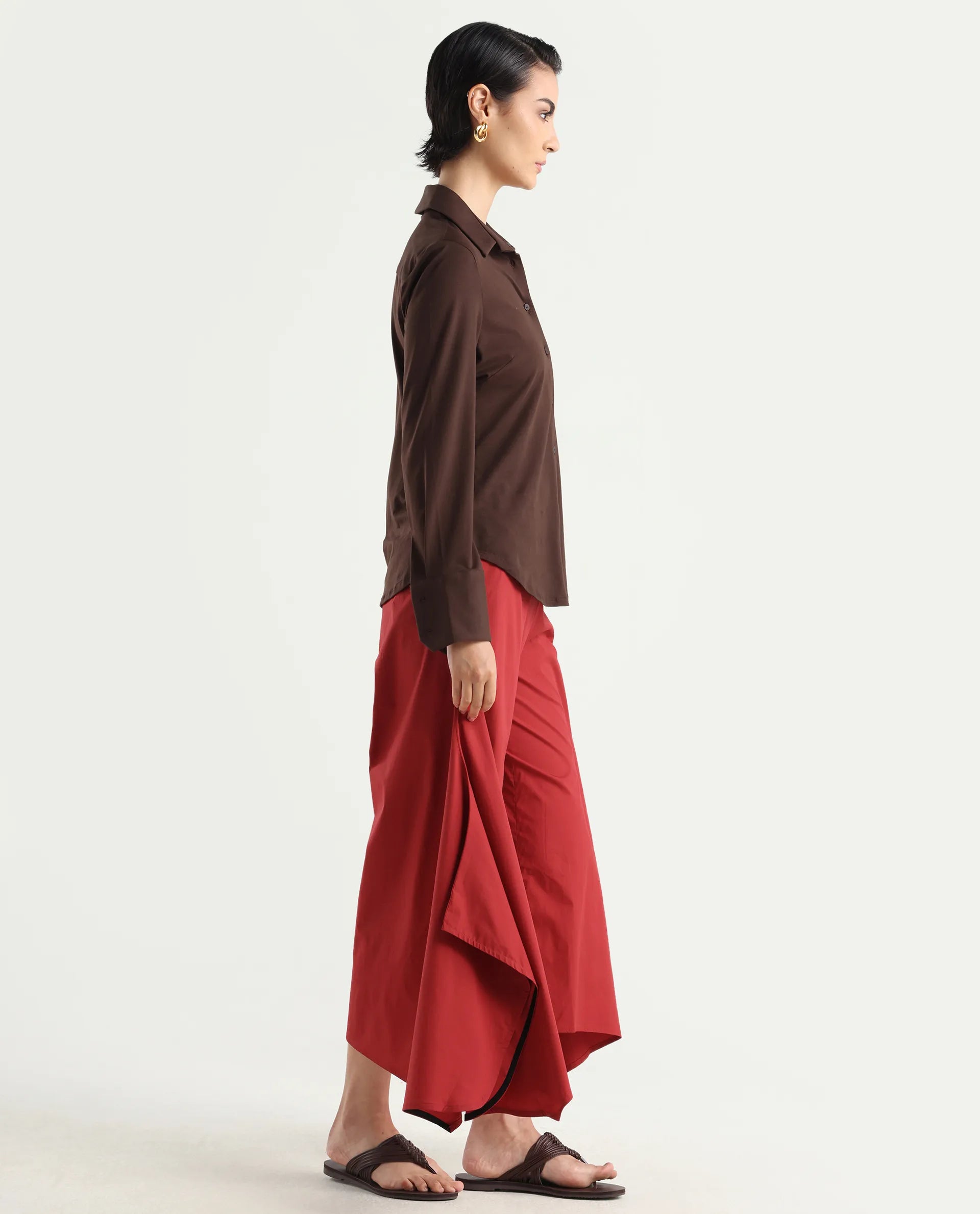 Rareism Women's Filom Red Cotton Blend Plain Ankle Length Flared Trouser
