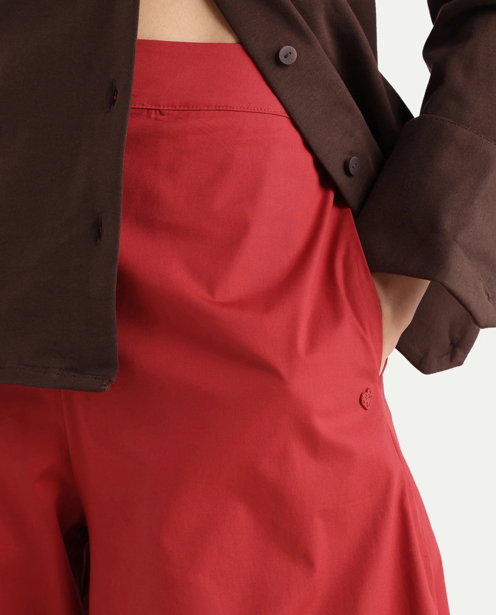 Rareism Women's Filom Red Cotton Blend Plain Ankle Length Flared Trouser