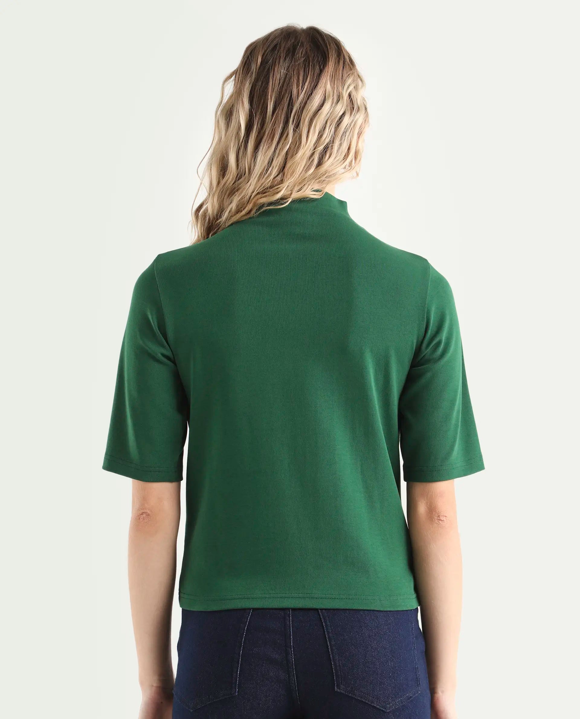 Rareism Women's Rohdrio Dark Green Cotton Blend High Neck Plain Regular Fit Top