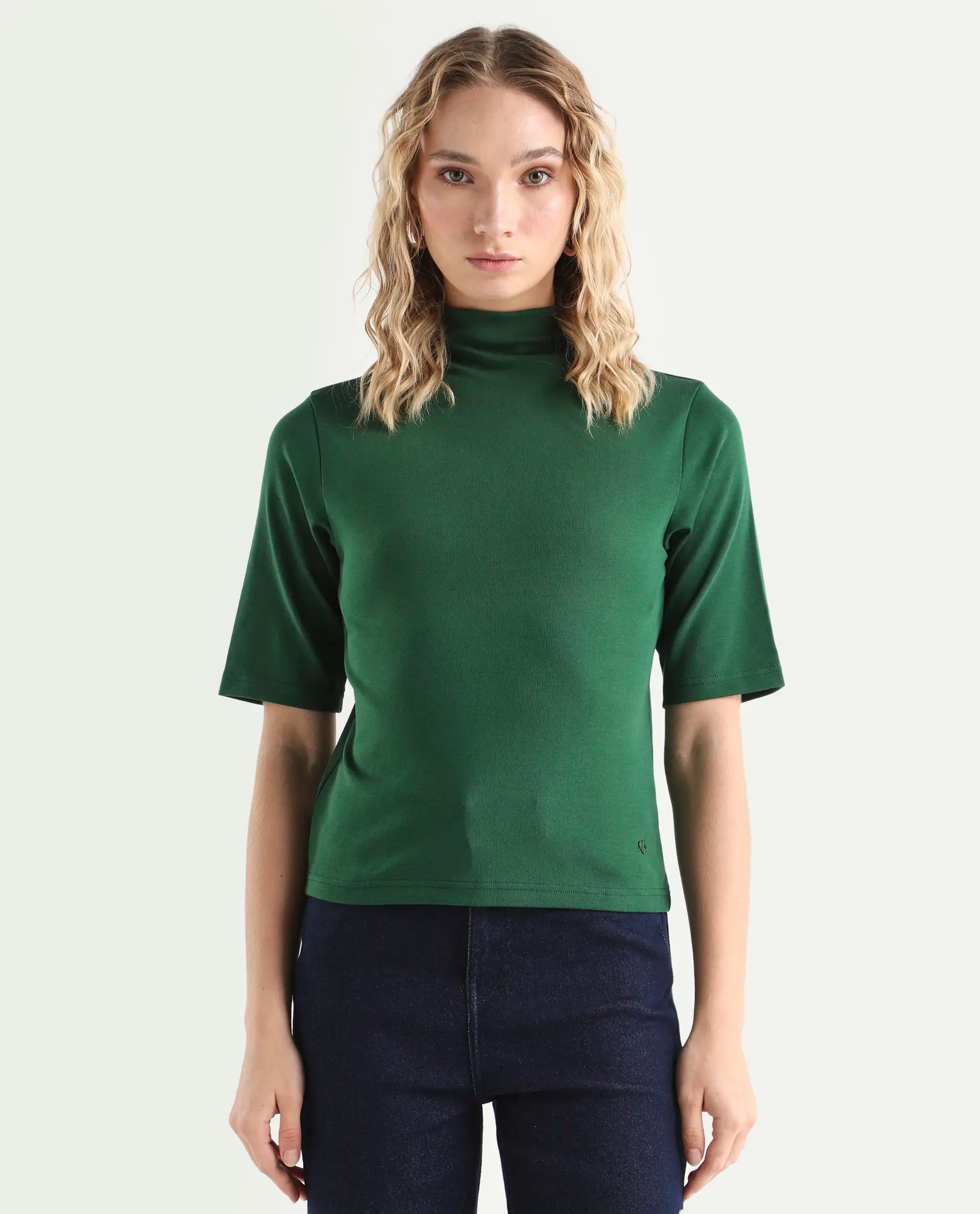 Rareism Women's Rohdrio Dark Green Cotton Blend High Neck Plain Regular Fit Top