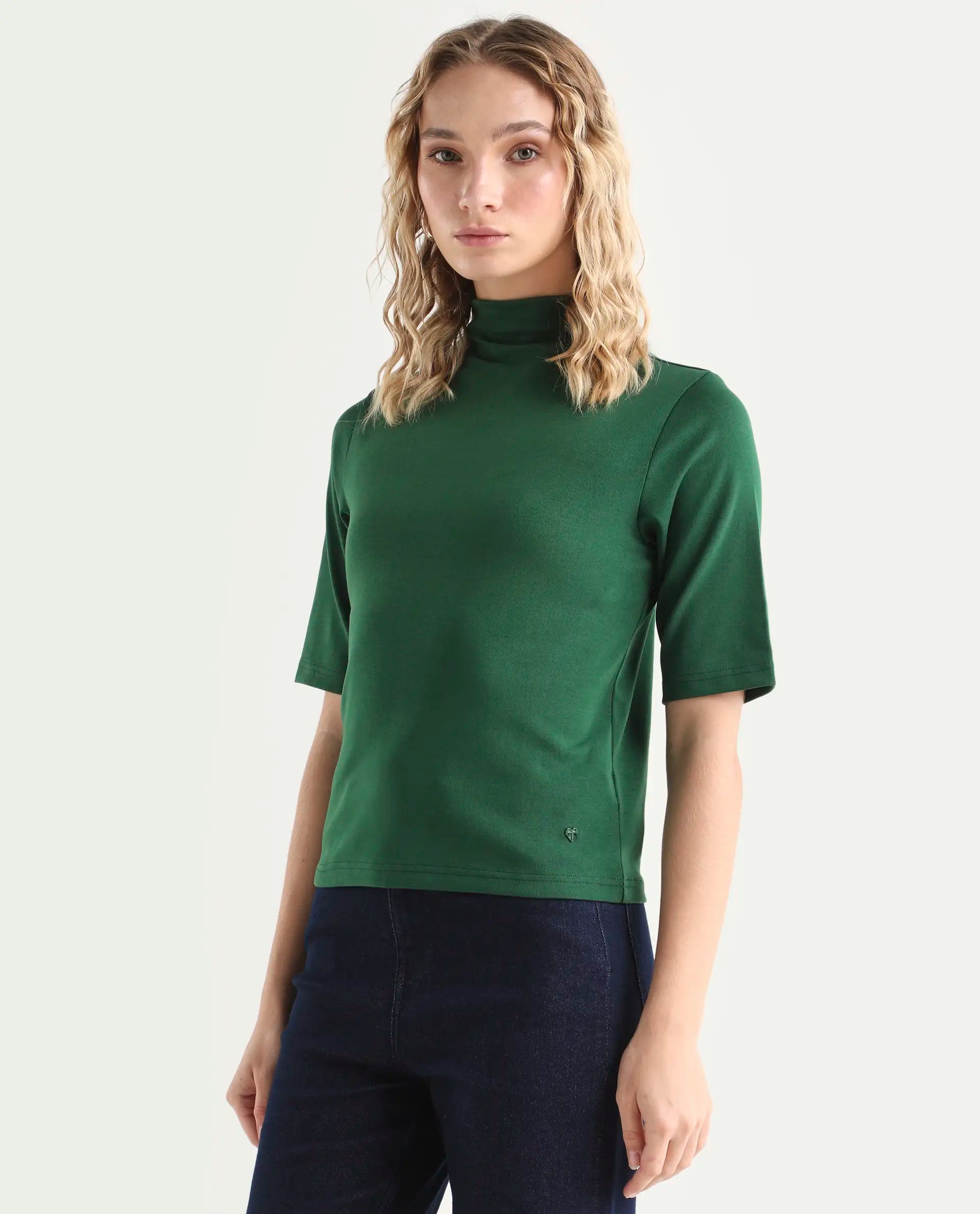 Rareism Women's Rohdrio Dark Green Cotton Blend High Neck Plain Regular Fit Top