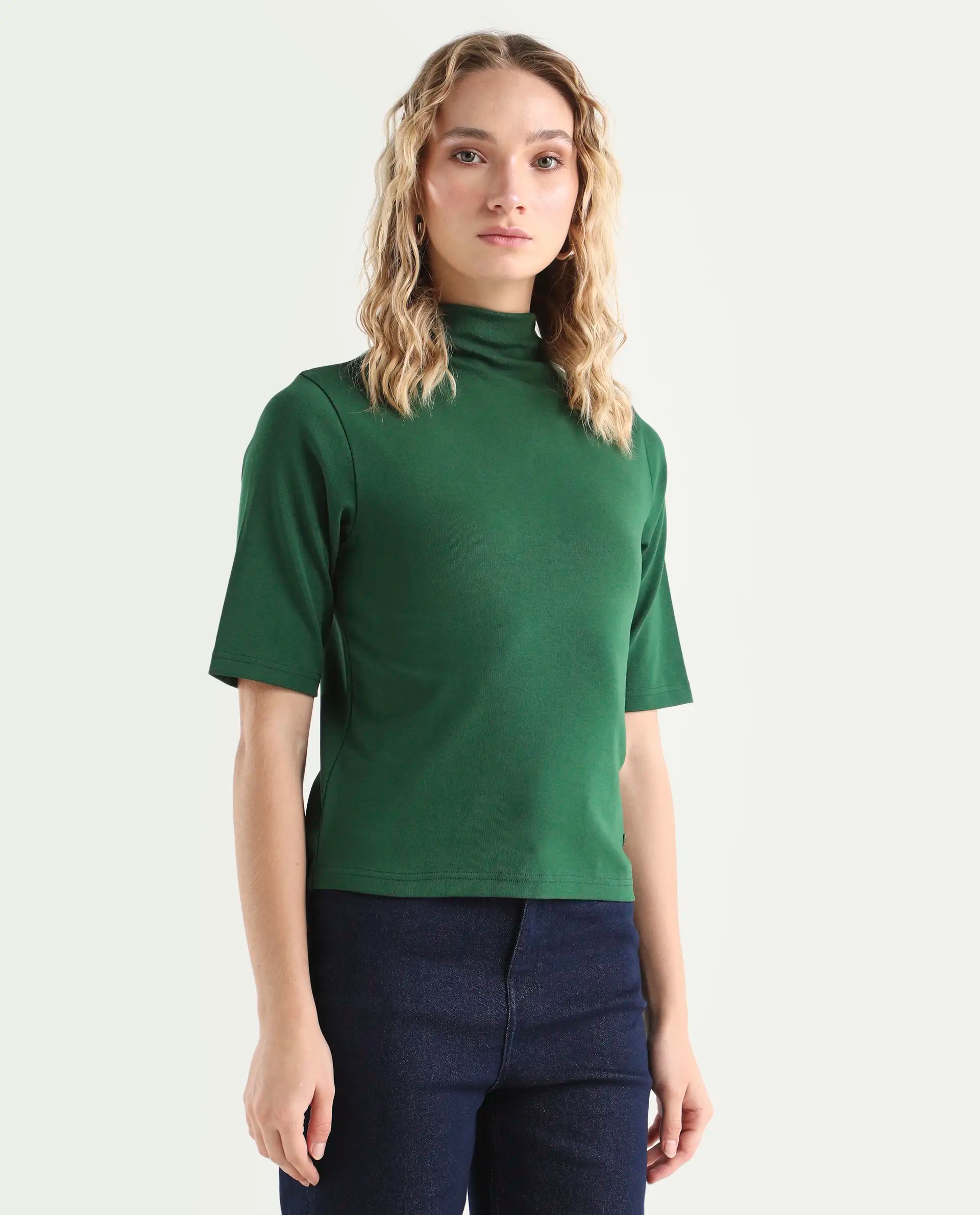 Rareism Women's Rohdrio Dark Green Cotton Blend High Neck Plain Regular Fit Top