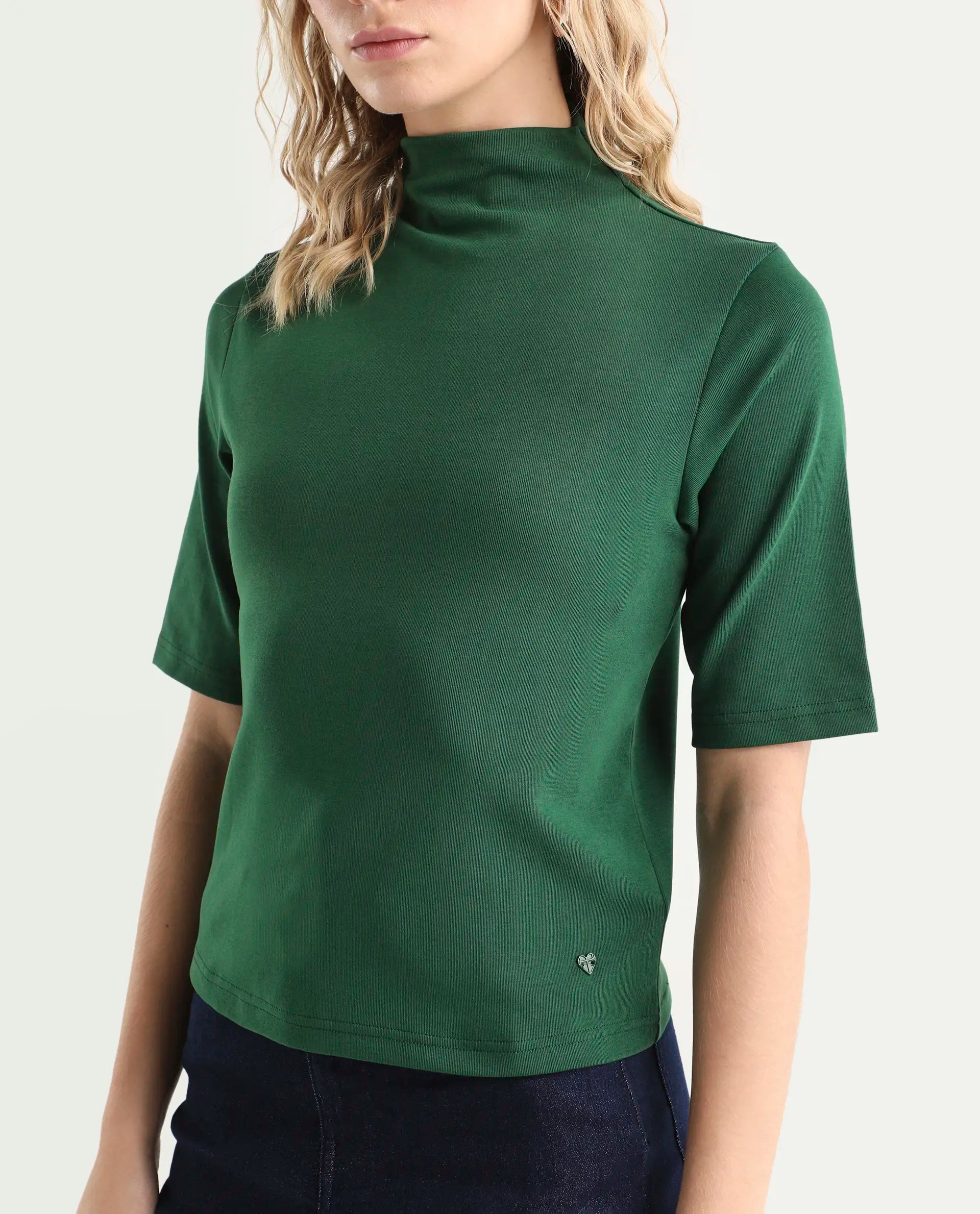 Rareism Women's Rohdrio Dark Green Cotton Blend High Neck Plain Regular Fit Top