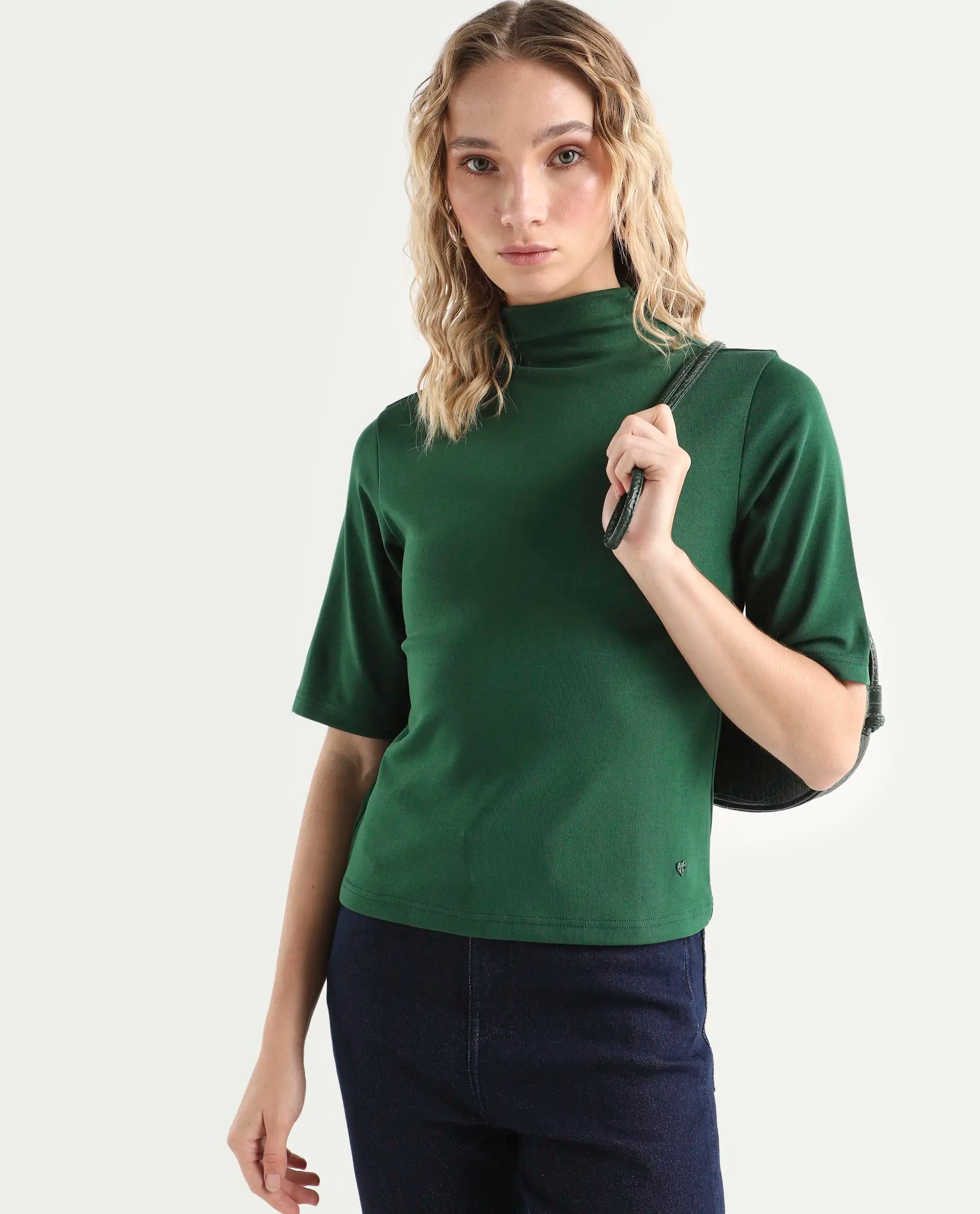 Rareism Women's Rohdrio Dark Green Cotton Blend High Neck Plain Regular Fit Top