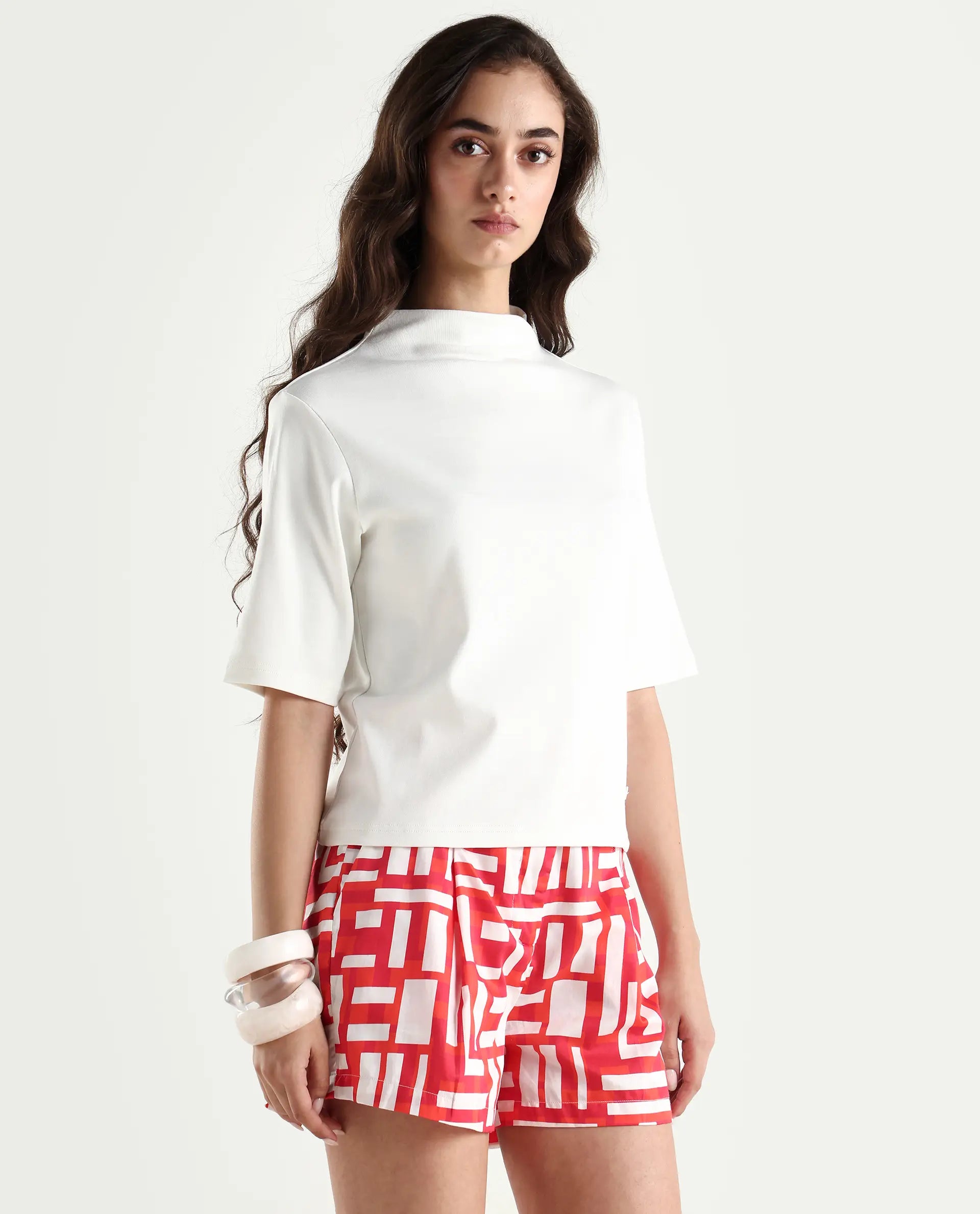Rareism Women's Rohdrio Off White Cotton Blend High Neck Plain Regular Fit Top