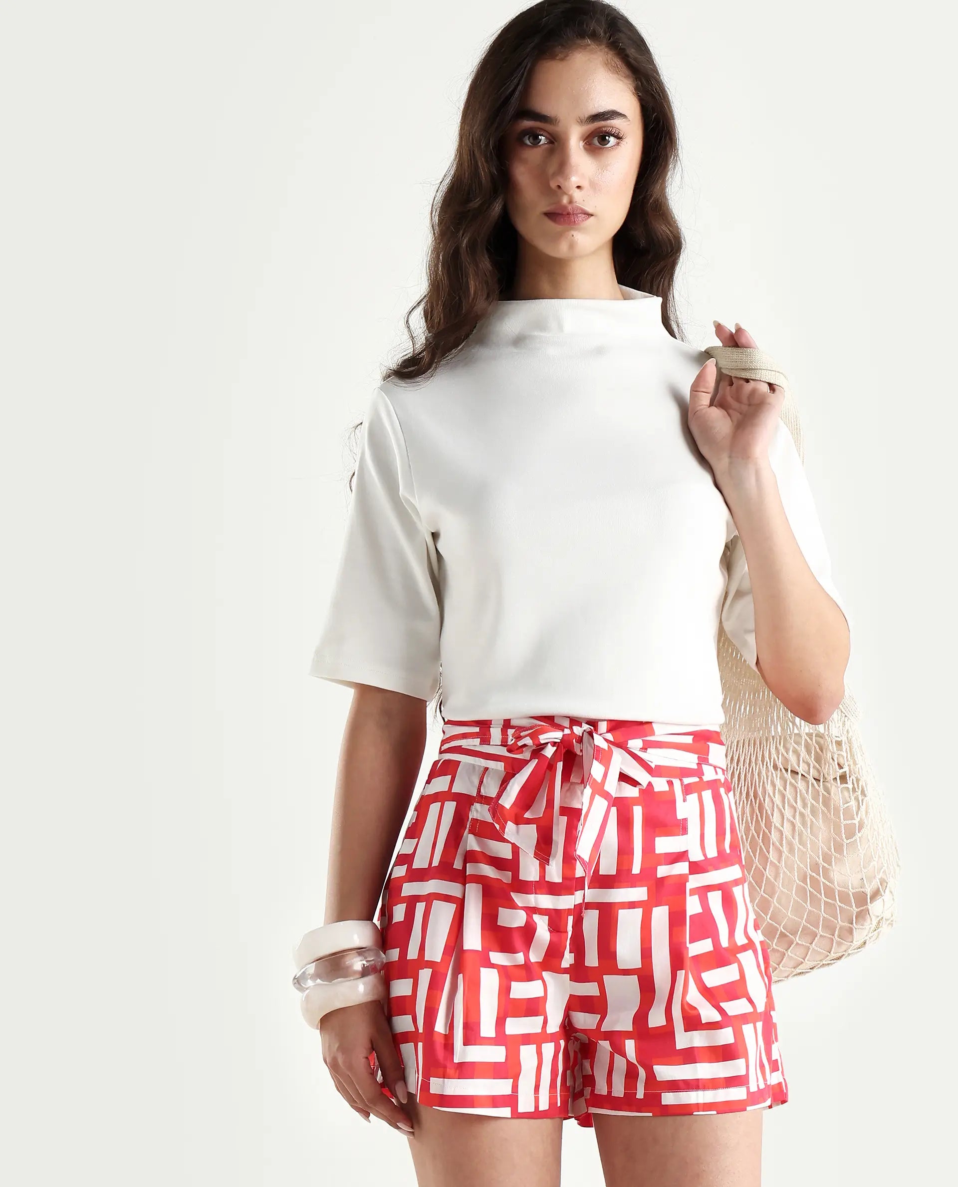 Rareism Women's Rohdrio Off White Cotton Blend High Neck Plain Regular Fit Top