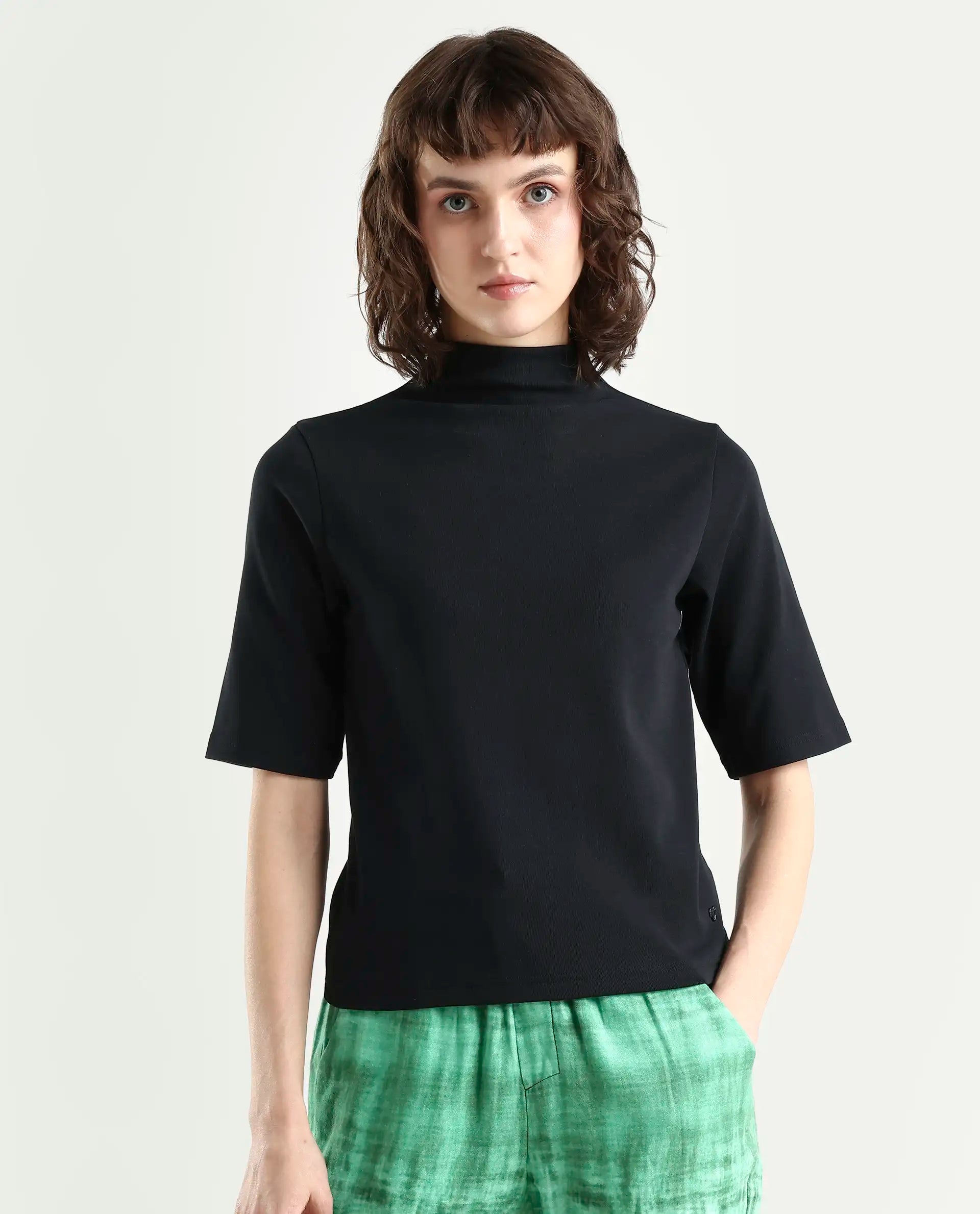 Rareism Women's Rohdrio Black Cotton Blend High Neck Plain Regular Fit Top