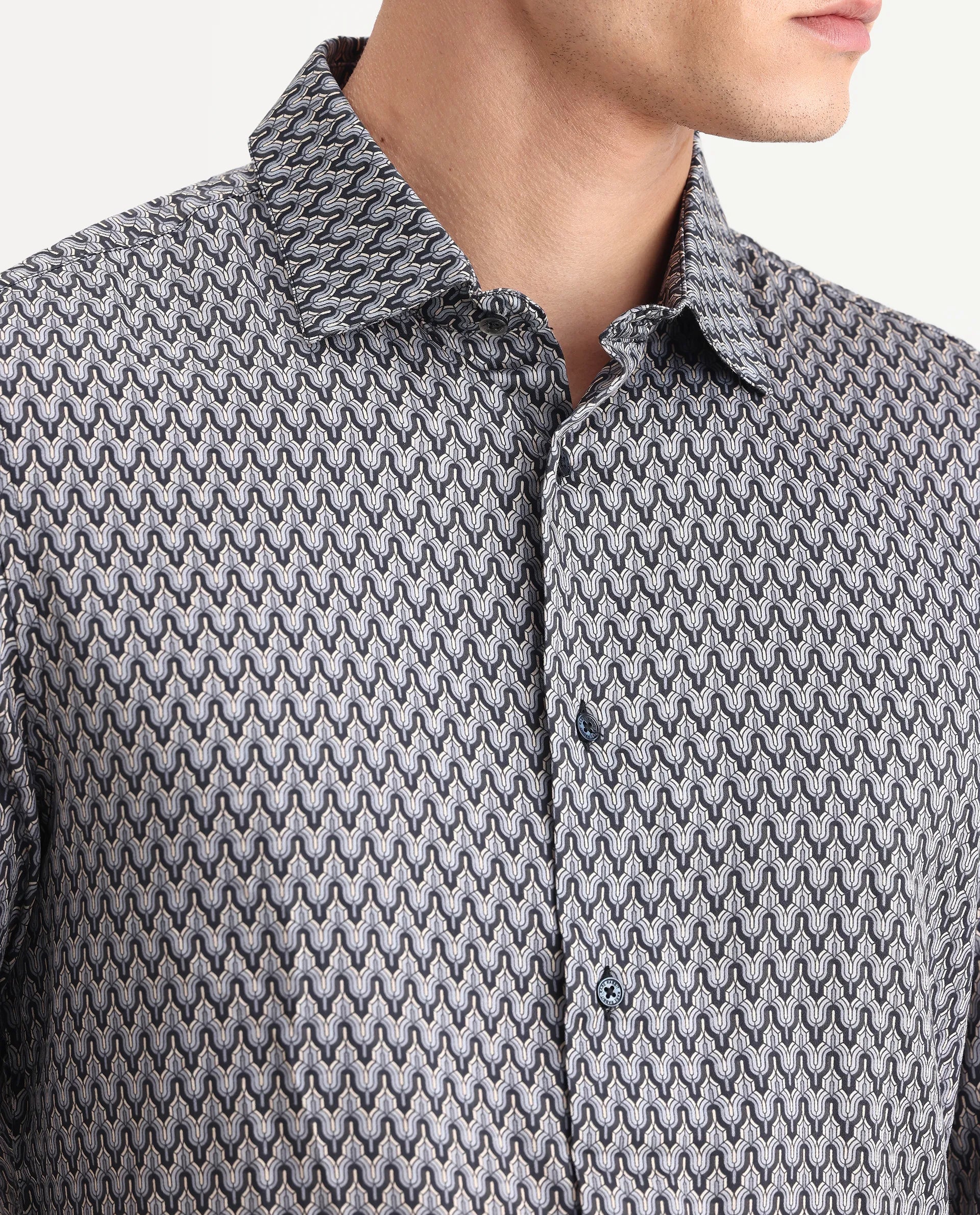 Rare Rabbit Men's Benor Grey Satin Abstract Print Regular Fit Full Sleeve Collared Shirt