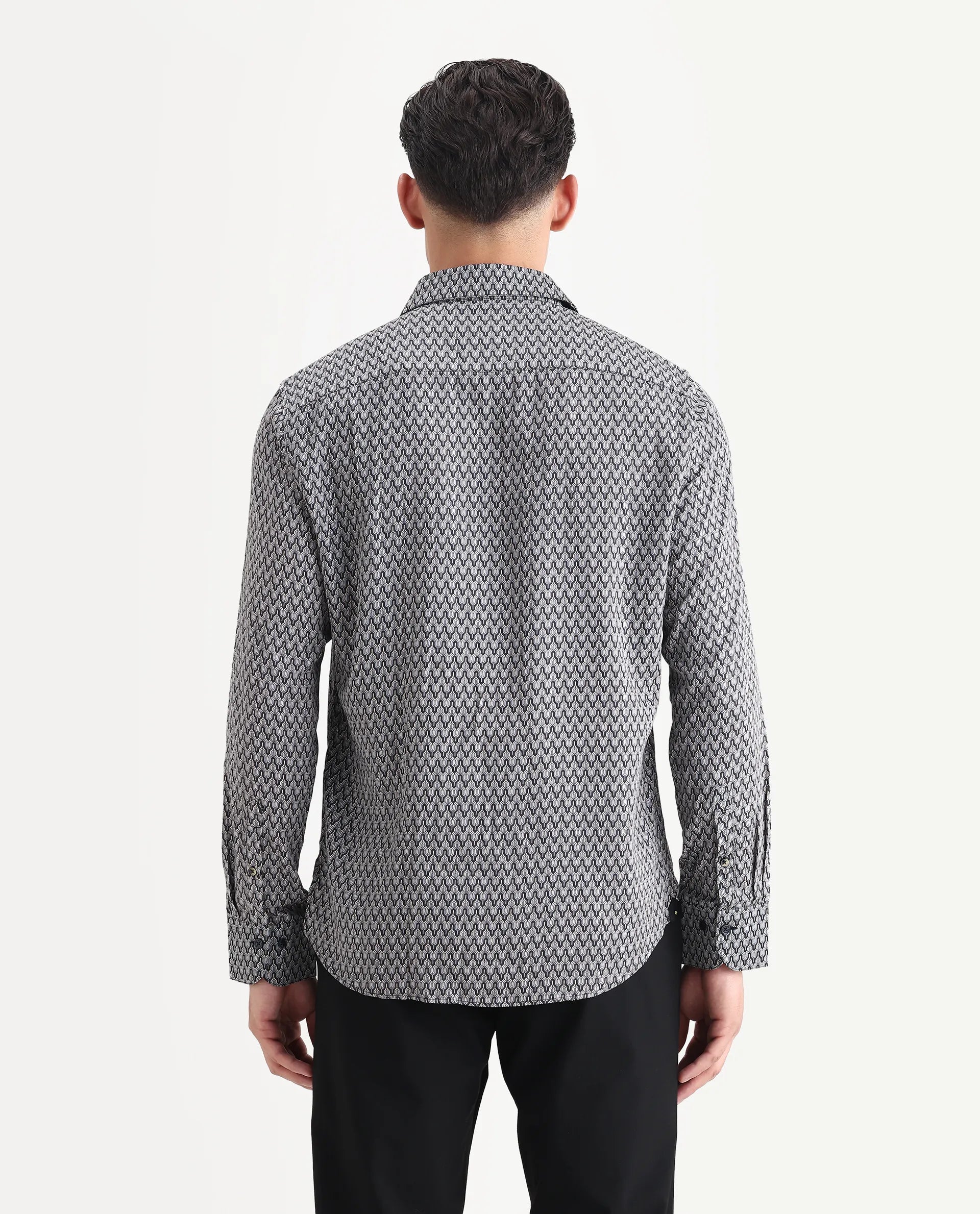 Rare Rabbit Men's Benor Grey Satin Abstract Print Regular Fit Full Sleeve Collared Shirt