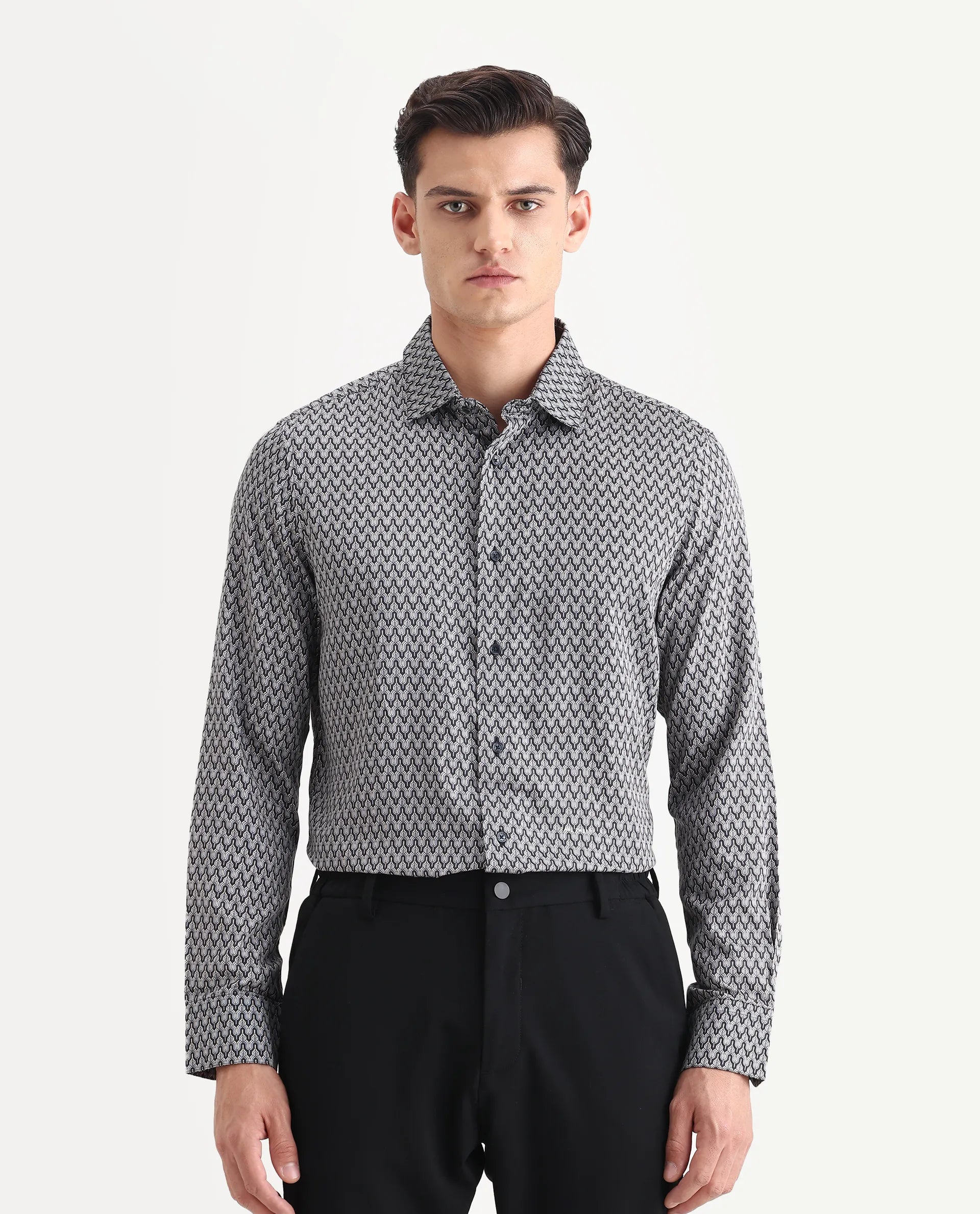 Rare Rabbit Men's Benor Grey Satin Abstract Print Regular Fit Full Sleeve Collared Shirt