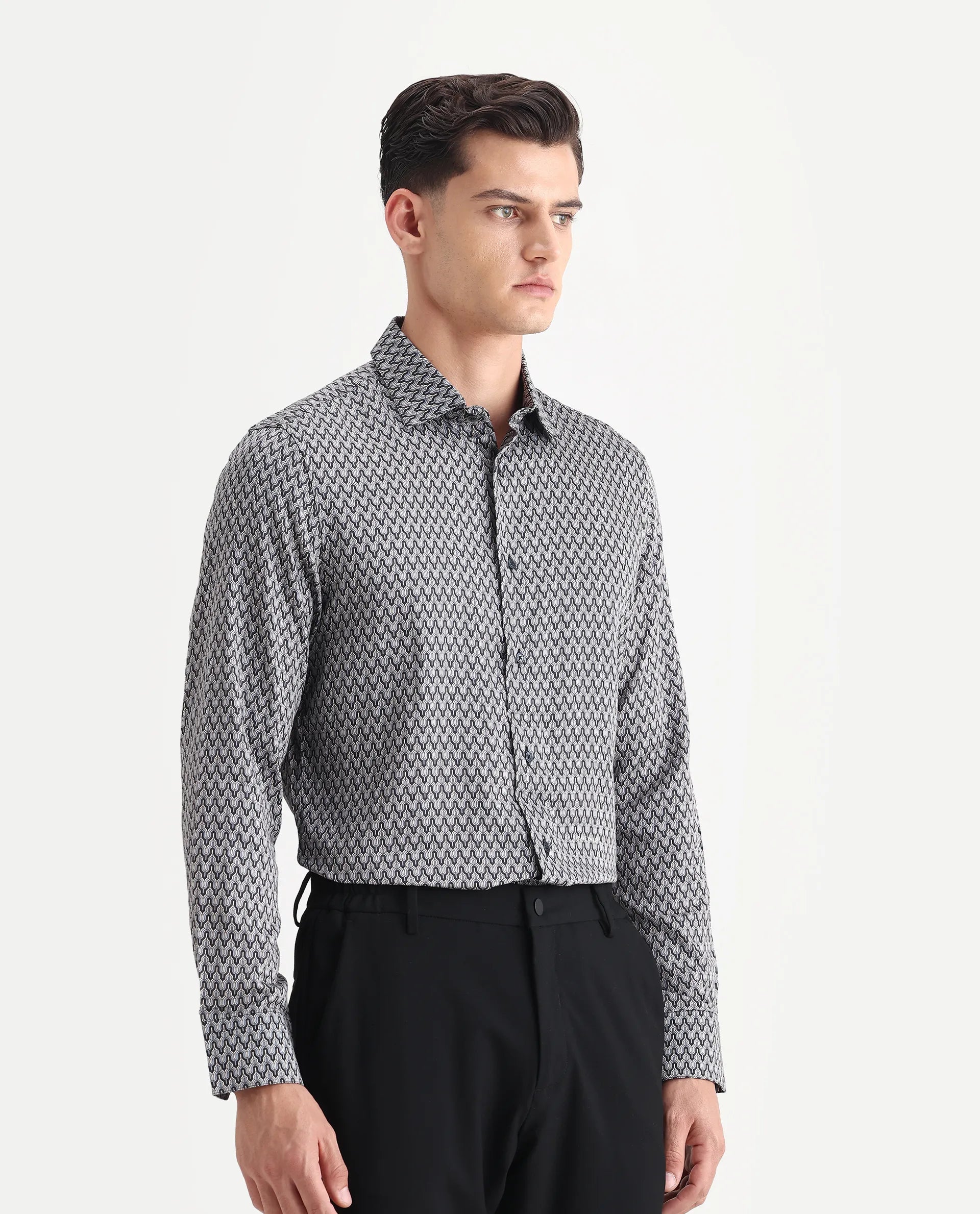 Rare Rabbit Men's Benor Grey Satin Abstract Print Regular Fit Full Sleeve Collared Shirt