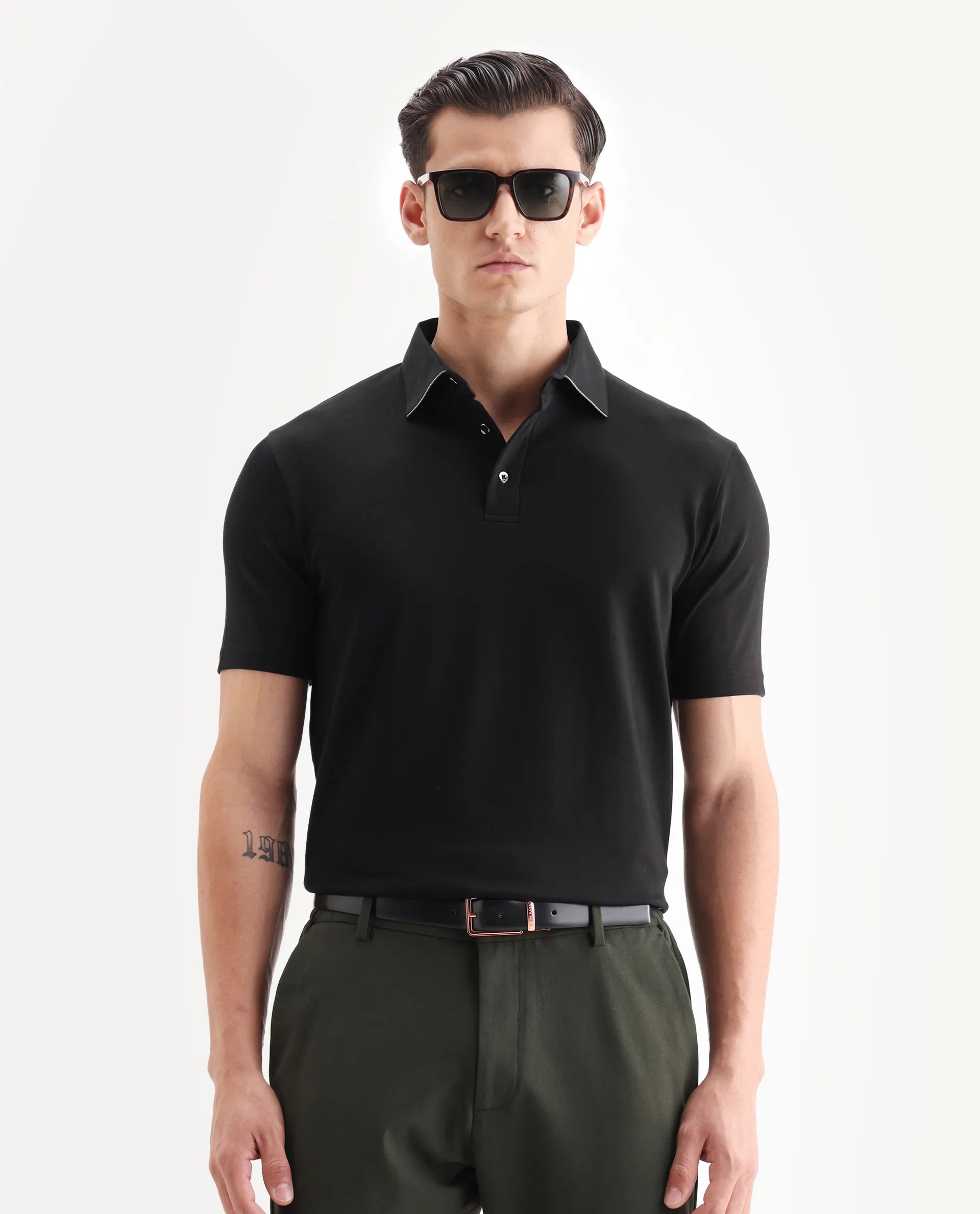 Rare Rabbit Men's Clive Black Cotton Blend Plain Regular Fit Half Sleeve Polo