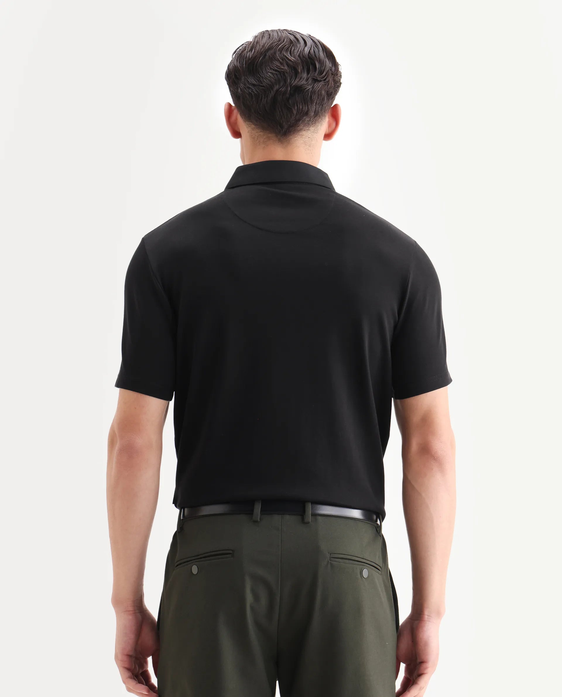 Rare Rabbit Men's Clive Black Cotton Blend Plain Regular Fit Half Sleeve Polo