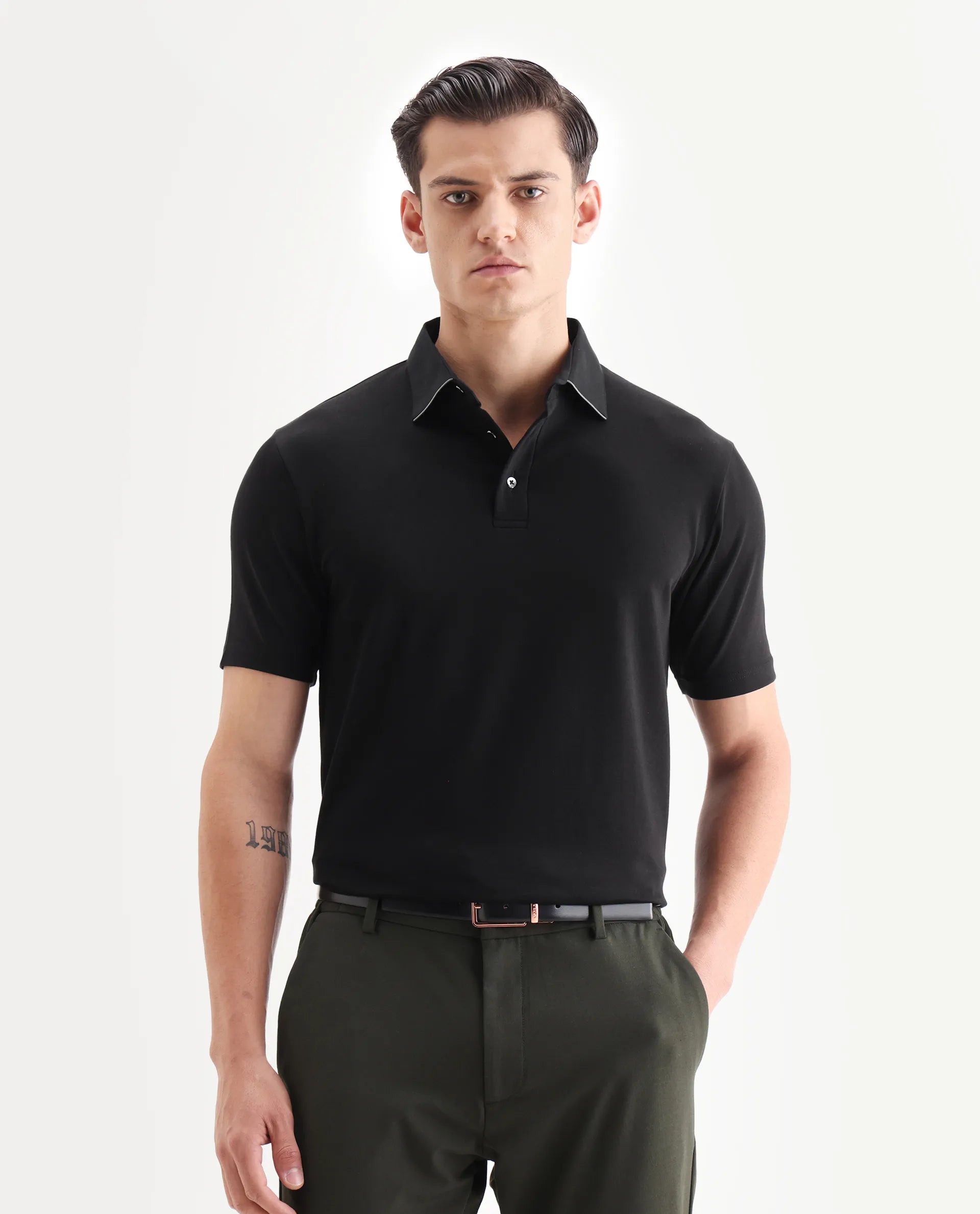 Rare Rabbit Men's Clive Black Cotton Blend Plain Regular Fit Half Sleeve Polo