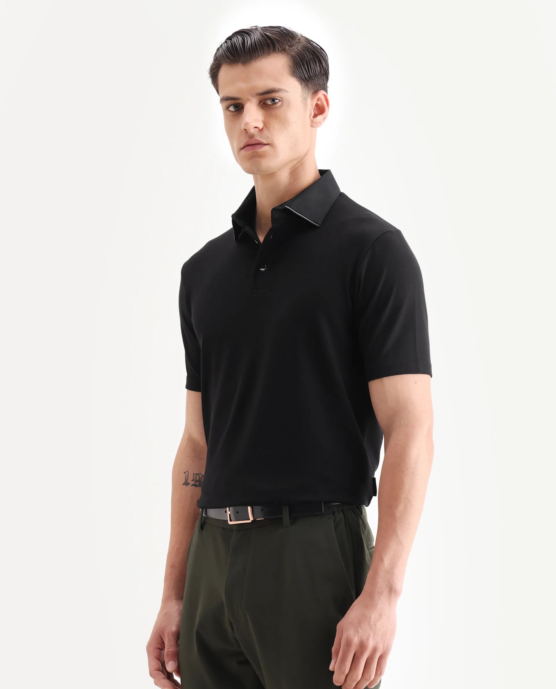 Rare Rabbit Men's Clive Black Cotton Blend Plain Regular Fit Half Sleeve Polo