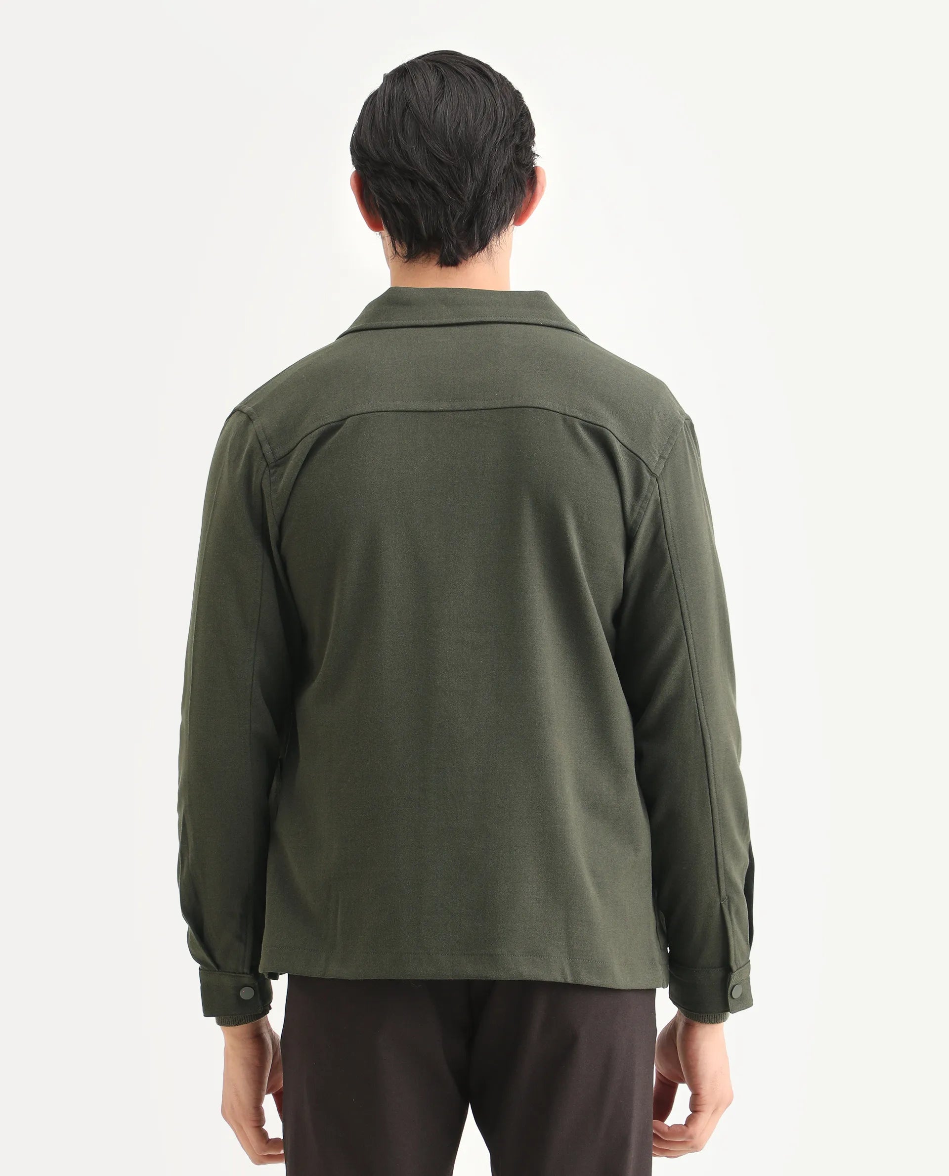 Rare Rabbit Men's Brant Olive Rayon Plain Relaxed Fit Full Sleeve Collared Shacket