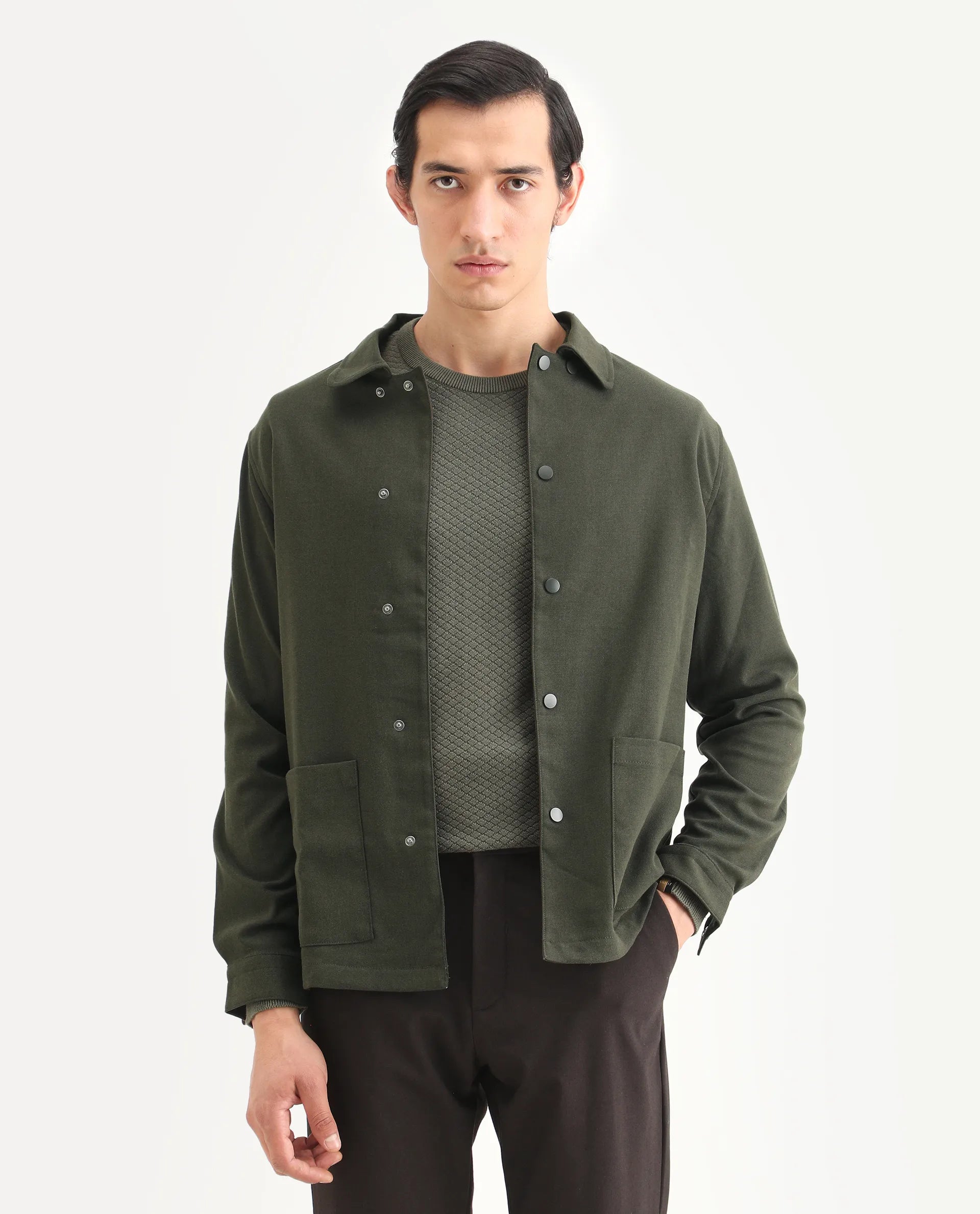 Rare Rabbit Men's Brant Olive Rayon Plain Relaxed Fit Full Sleeve Collared Shacket