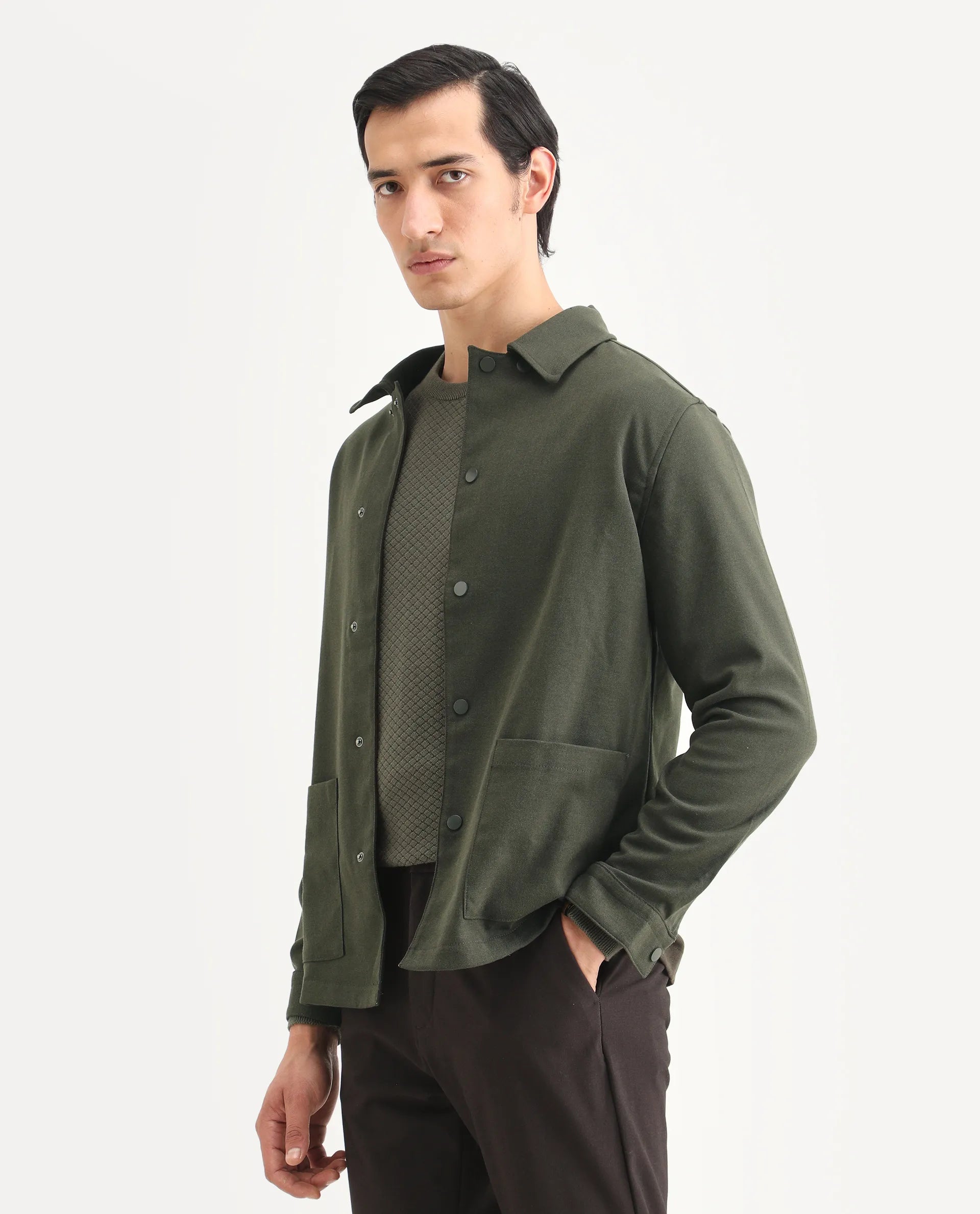 Rare Rabbit Men's Brant Olive Rayon Plain Relaxed Fit Full Sleeve Collared Shacket